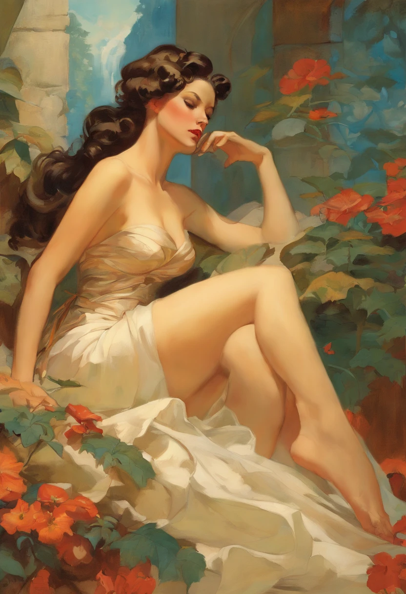 Three stunning beautiful pin up models sleeping by Norman Rockwell, Gil Elvgren, Milo Manara, Olivia de Berardinis, Artgerm