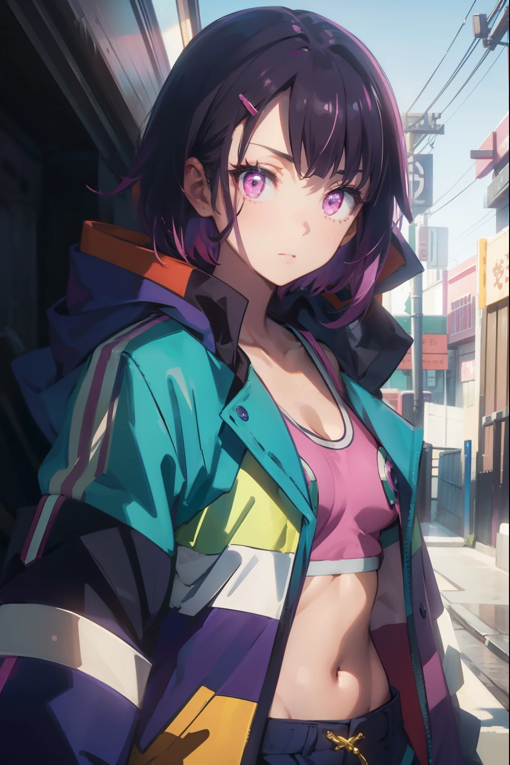shizukamikazuki, shizuka mikazuki, short hair, purple hair, hair ornament, hairclip, (pink eyes:1.5), swept bangs, (small breast:1.2),
BREAK navel, cleavage, jacket, open clothes, midriff, hood, open jacket, blue jacket, hooded jacket, sports bra, hood down,
BREAK looking at viewer,
BREAK outdoors,
BREAK (masterpiece:1.2), best quality, high resolution, unity 8k wallpaper, (illustration:0.8), (beautiful detailed eyes:1.6), extremely detailed face, perfect lighting, extremely detailed CG, (perfect hands, perfect anatomy),