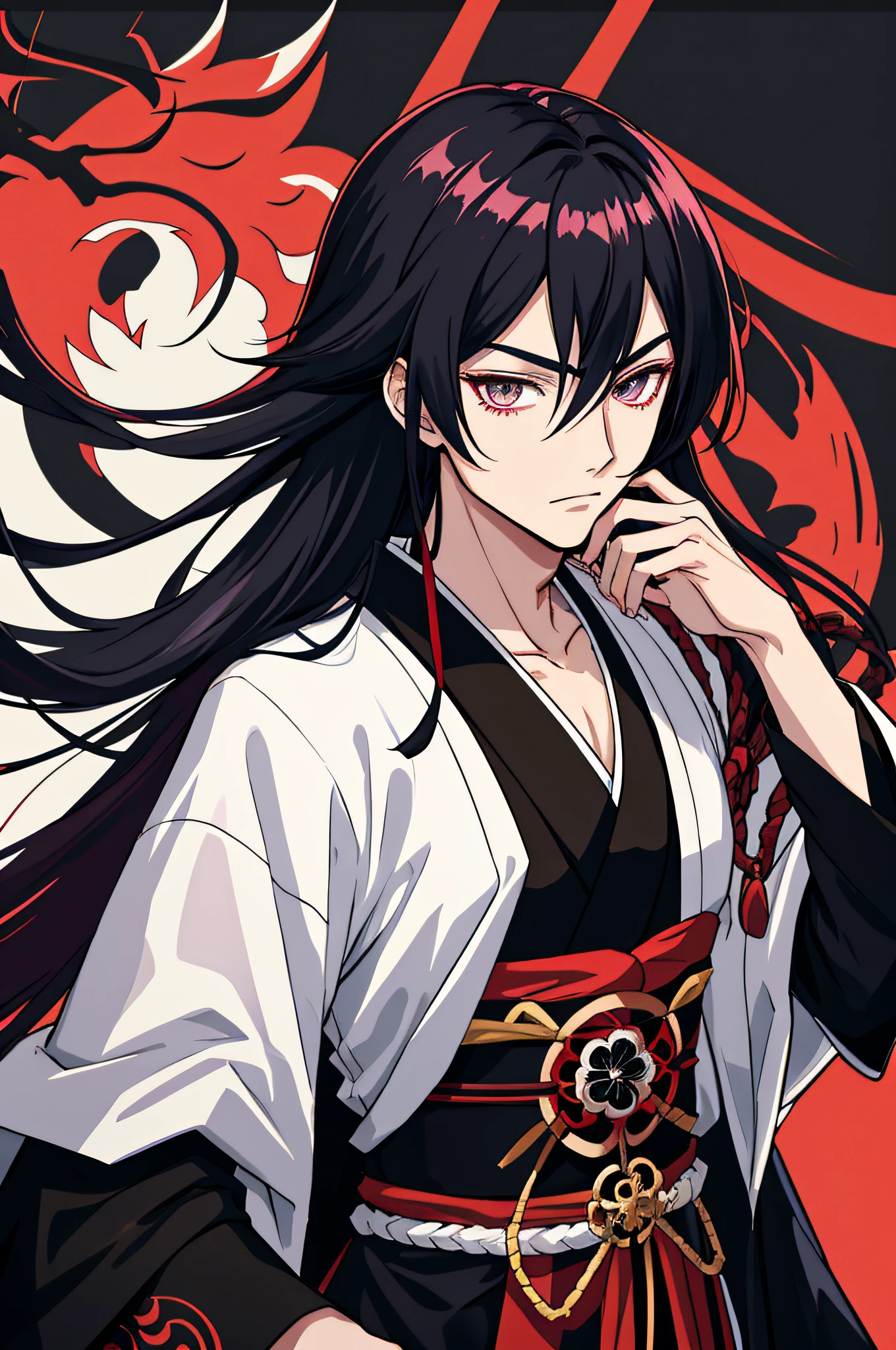 Anime - Stilbild eines Mannes mit schwarzen Haaren und schwarz roten Outfit, Kamiochi Orochi von Onmyoji, Handsome guy in demon slayer art, Taisho Roman, handsome androgynous prince, shinkei susabi, sp susabi, schwarzhaarige Gottheit, anime gutaussehender mann, zarter androgyner Prinz, STARember, Offizielle Kunst