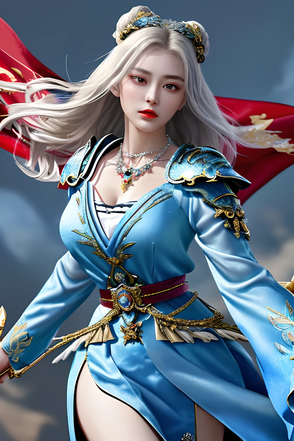 （8K，Very detailed faces，full body detailing） （（Masterpiece))，((动态照明))((detail in face))，Ancient female general，Make up on the battlefield：The cheeks are covered with light red rouge，It highlights her body and mind。
   （（sparkle eyes，Highlight her decisiveness and calmness as a general))
   The eyebrows are slender and straight，It gives the impression of tenacity and determination
   Apply a touch of red lipstick to your lips，It looks majestic and elegant, Wearing heavy armor，The bright silver armor shone cold in the sun。The armor is inlaid with elaborate patterns and ornaments，Highlight her nobility, A wide ribbon was tied around her waist，It's embedded with sparkling gemstones，Symbolizes her noble status。A silver bracer is worn on the wrist，Protect your wrist，It also shows her strength and strength，Sturdy combat boots，The sole has thick iron nails，Her long hair was coiled in a complex bun to stabilize and protect，It is filled with hairpins and ornaments inlaid with precious gemstones，It exudes nobility and elegance。
  The son wears a necklace set with sapphires，Gemstones shine with a blue glow，Reflects her fair skin。
  Holding a sword in hand，The body of the sword is inlaid with elaborate decorations，The hilt is set with a gemstone with a coat of arms，Symbolizes her power and status。Behind her hangs a military flag embroidered with flowers and war motifs，Blowing in the wind，Demonstrate her military command ability。