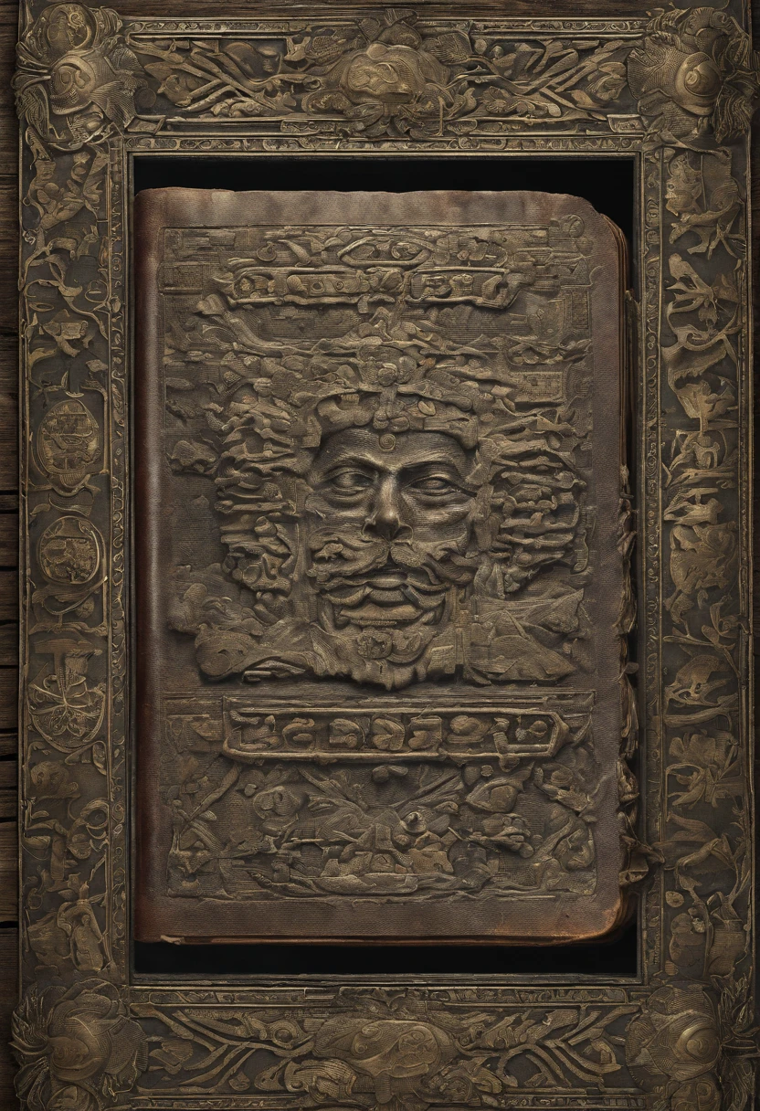 Realistic image of an old tribal book that seems eerie and possessed. Mysterious lighting, 8k, UHD, hyper detail. Emphasize details that the book is dusty and placed on top of a table and all covered with moss. Realistic. Creepy pasta. Close-up on the book.