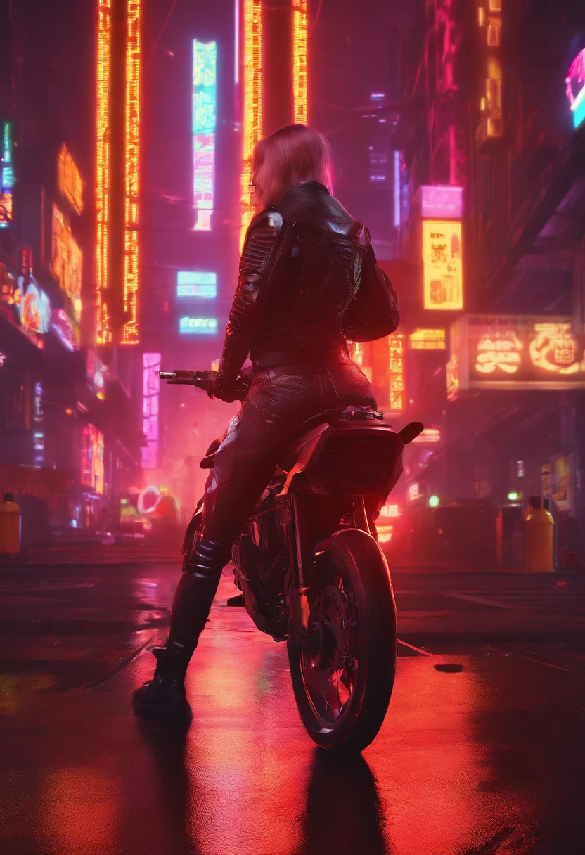 1girl on a motorcycle，Cyberpunk 2077，Extreme light and shadow，Aurora chase，extremelycomplicateddetails，Extremely strong reflected light，Extreme ambient light，the city that never sleeps，Analog cameras，rendering by octane，8K，CGSociety trends，Extremely complex and delicate eye structure，facing at the camera，neon light detail，globalillumination，Front close-up，Super delicate facial features，Ultra-delicate skin，Cold，Cyberpunk 2077 Ultra Sci-Fi motorcycle