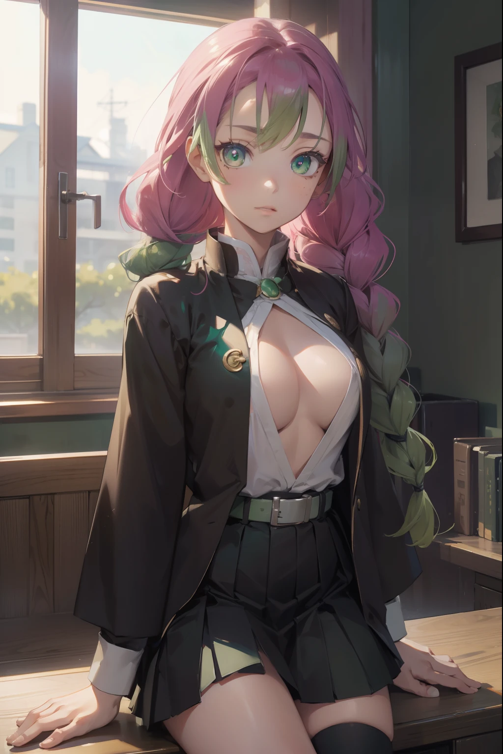 mitsurikanroji, mitsuri kanroji, braid, gradient hair, (green eyes:1.5), green hair, long hair, mole, mole under eye, multicolored hair, pink hair, twin braids, two-tone hair,
BREAK belt, black skirt, cleavage, coat, demon slayer uniform, haori, japanese clothes, long sleeves, miniskirt, partially unbuttoned, pleated skirt, skirt, uniform,
BREAK looking at viewer,
BREAK indoors,
BREAK (masterpiece:1.2), best quality, high resolution, unity 8k wallpaper, (illustration:0.8), (beautiful detailed eyes:1.6), extremely detailed face, perfect lighting, extremely detailed CG, (perfect hands, perfect anatomy),