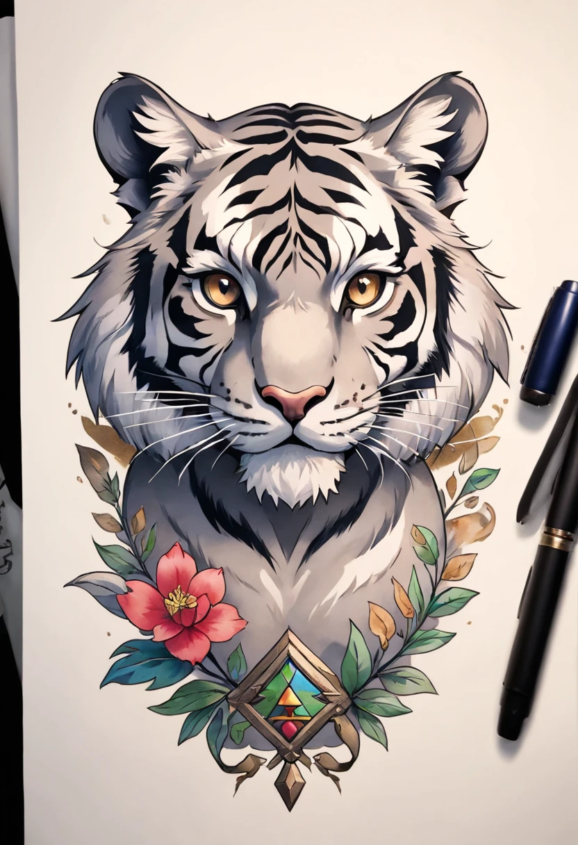 tattoo of a tiger, gray, micro realism, line art