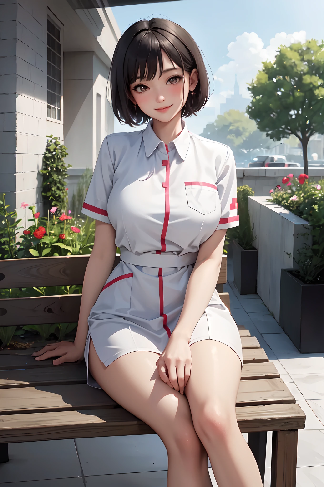 1lady solo nurse, sitting on bench, /(nurse uniform/), /(short hair/), blush kind smile, (masterpiece best quality:1.3) delicate illustration ultra-detailed , large breasts BREAK /(garden in front of hospital/)