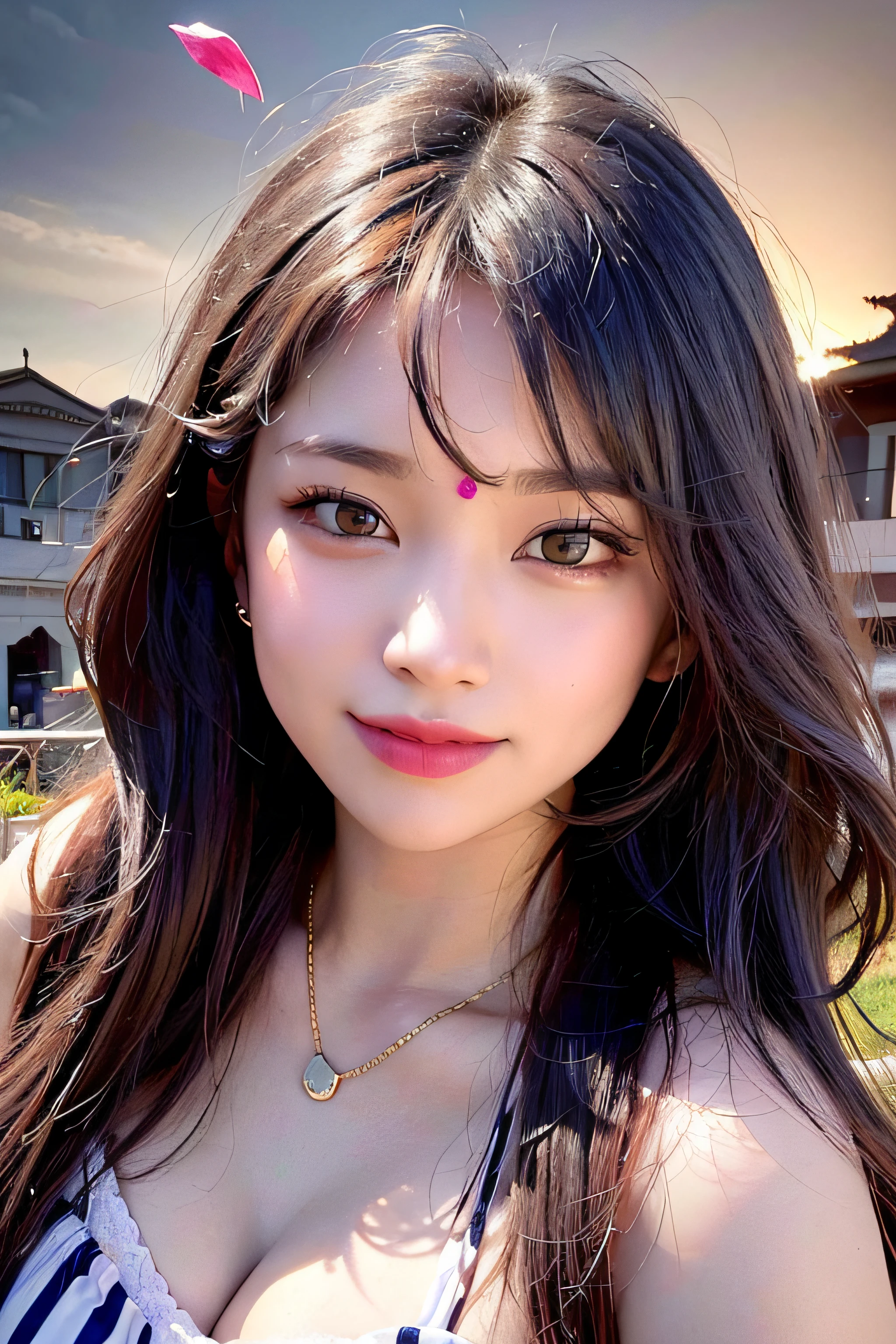 Trip (Only slim shoulder straps, Ultra-low-cut top)( Very close view ) Face view , clothes see-through (((Outdoor paradise))), ((Petals flying in the air ))，Light smile，，camel-toe,(Crystal colorful lights),，Soft clouds，((|Cover with a scarf)), ((Cute clothes that are short and wide|no underwares|Slightly perspective ) ((greek architecture，Bohemian architecture，Hindu temples，Thai snacks，Thai style)) starrysky，Beautiful
（（Masterpiece））,（realisticlying：1.2）,best qualtiy,high high quality,absurderes,rich colourful,stunning art,best qualtiy, ultra - detailed,beautifuldetails， reflective hair,Good lighting, Ray traching， depth of fields,ultra - detailed,illustratio,astounding,finedetail,The is very detailed， （（ultra - detailed））， （Beautiful Meticulous Girl）， Beautiful detail glow， Complicated details， A high resolution， Extremely refined and beautiful,beatiful detailed eyes， hdr， Round eyes, detailedfacialfeatures,（Round pupils：1.4） （illustratio）,（美丽细致的眼睛）（Very very detailed face））， depth of fields,（alluring face）(（ssmile：1.3）)， Smiling lips， （looking at viewert：1.1） closeup cleavage， wide wide shot， Side Body， photore， lewd poses ， Moody light， Sistine Phil Beldev, Smile，（（（Masterpiece，Best quality，A high resolution）））），Extremely detailed 8K，Beautiful girl with busty body，（hyper HD，ultra - detailed，High detail，high realistic，Ultra-realistic，Photo realism）,（1girll：1.5）,（realistic dark hair），Short curly hair，Bob cuts hair，（Dynamic posture），Face the camera,A shallow smile,Open lips，Light blue eyes，Average chest，
（Beautiful and detailed face，Beautiful and delicate eyes），Sunlight）,（Beautiful buttocks 0.5），Color backlight

split, Cover your chest with only your hands，hips bare，earring，Pink sexy yarn,（(Striped underwear、Black openwork underwear、Transparent embroidered tulle underwear set,Gold bracelets，Pink lace gloves)）Lace pantyhose、Lace gloves、Wedding headscarf、pearls necklace,（toppless）(Very small panties),Moles under eyes, ((Gray-blue hair))，Crystal glowing necklace