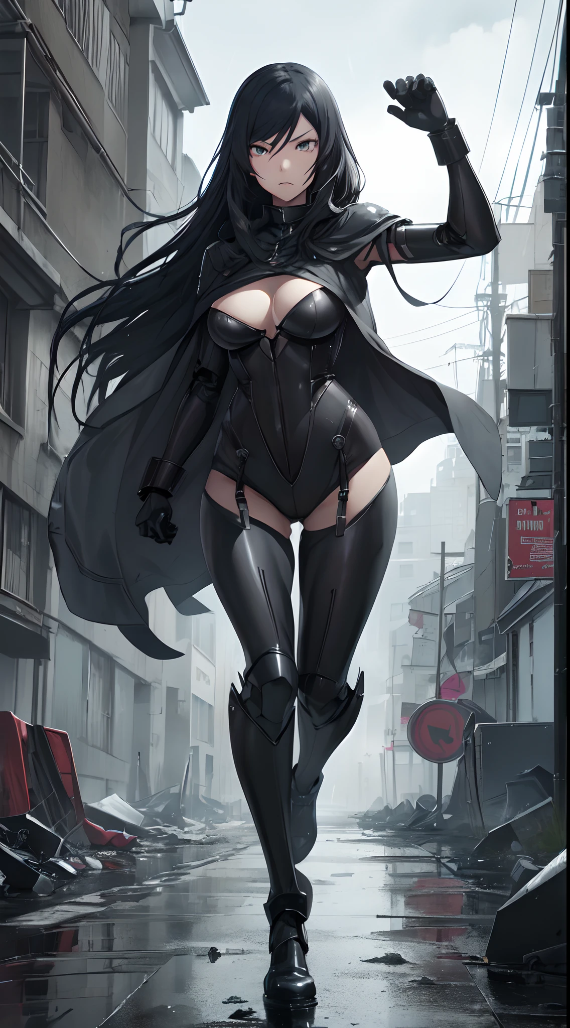 generate a High quality image of Mari from prison school, black long hair, grey eyes, full body view, (wearing robotic bodysuit Armour, cape, hand gloves), running throughout on the destroyed futuristic city, angry expression, punching pose, rainy weather, cinematic shadow, cinematic fog, crows in the sky.