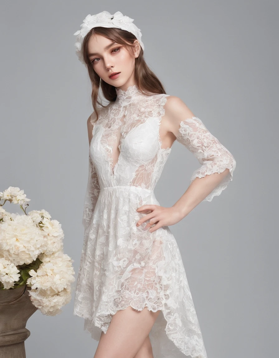 1girl, full body. Pretty and very elegant girl wearing a talk cap decorated with white lace flowers. Her entire face is covered with lace. She wears a loose-fitting light white lace cocktail dress that hangs over her shoulders. Her skin is very shiny. The room is dimly lit.、She is gently illuminated. Very shallow depth of field、the background is blurred. delicate hand