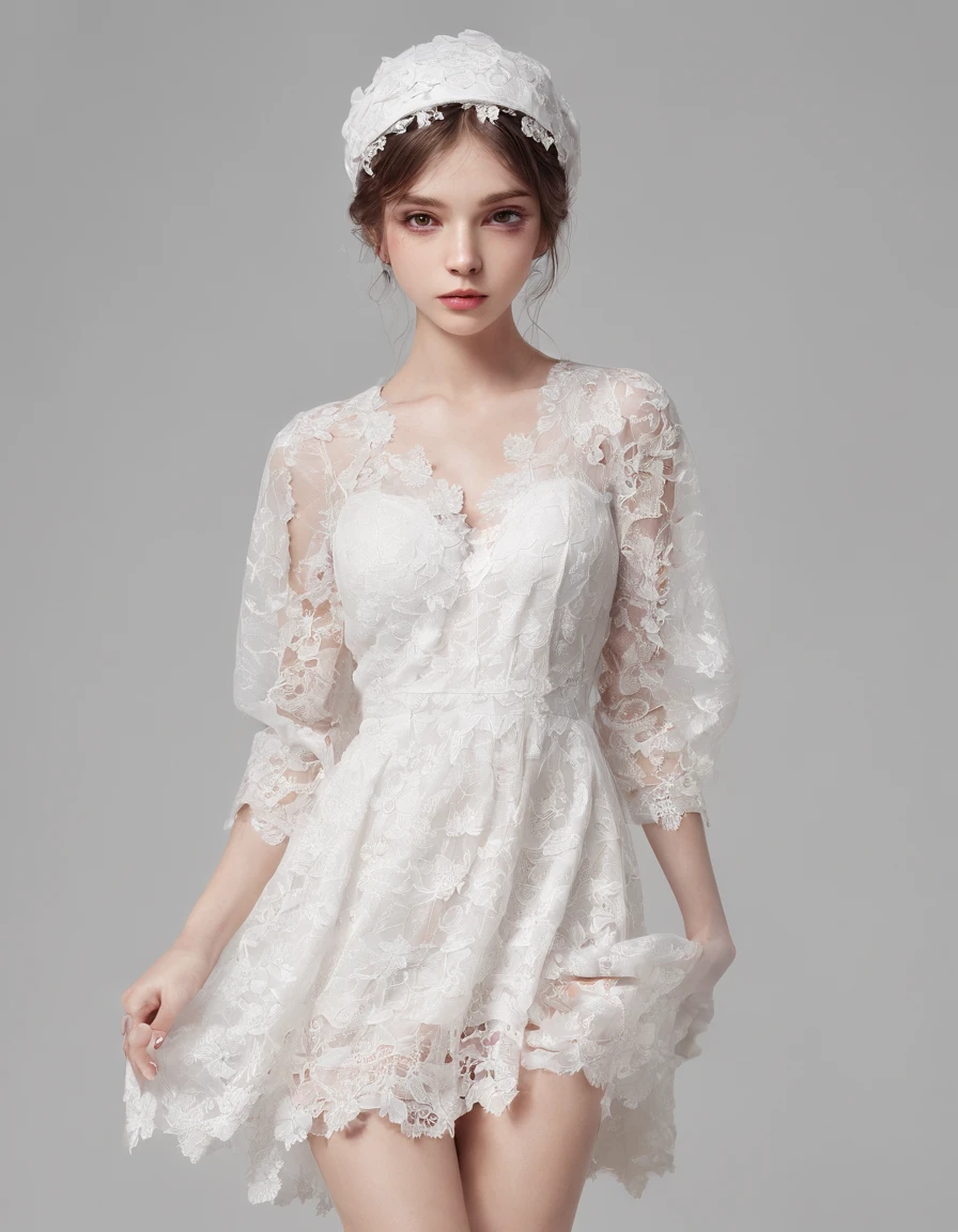 1girl, full body. Pretty and very elegant girl wearing a talk cap decorated with white lace flowers. Her entire face is covered with lace. She wears a loose-fitting light white lace cocktail dress that hangs over her shoulders. Her skin is very shiny. The room is dimly lit.、She is gently illuminated. Very shallow depth of field、the background is blurred. delicate hand