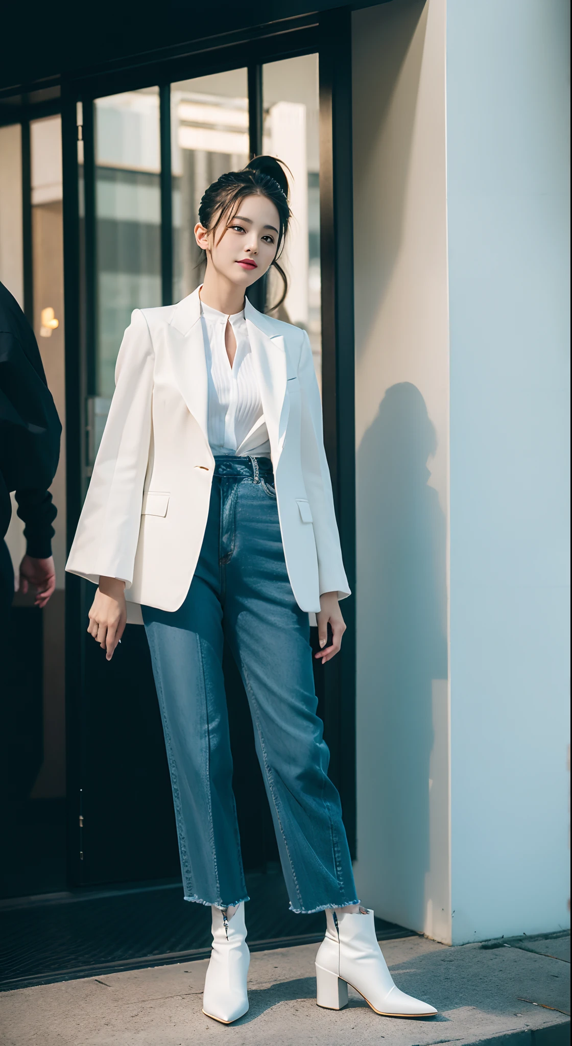 (8K分辨率,Full-body photos),(1womanl,age 22,((rosto magro,Flushed face,delicated face,详细的脸),Slightly squinted eyes,Seductive smile,(Single ponytail,Long hair micro-curls)),Fair smooth skin,(Best Skin Type:1.21),busty figure,((Bespoke slim suit,White shirt,No underwear,denim pant,Leather boots(High-grade materials,knitting,real silk,leathers),Thin band,Metal necklace,jewely),Tall and tall,(dancing posture,Naturally placed hands),delicate artwork,perfect hand,Ultra-fine clothing material),(Urban street background,Shuttling through the crowd,Exquisite setup details),(Professional lighting,Artistic lighting),((Dress neutrally,Material contrast,Fit contrast,Color contrast,Uniform tones,))),(Golden section,Cinema lenses,Hasselblad photograp,tmasterpiece:1.3),(advanced art,High-end streetwear,Official propaganda,Art platform)