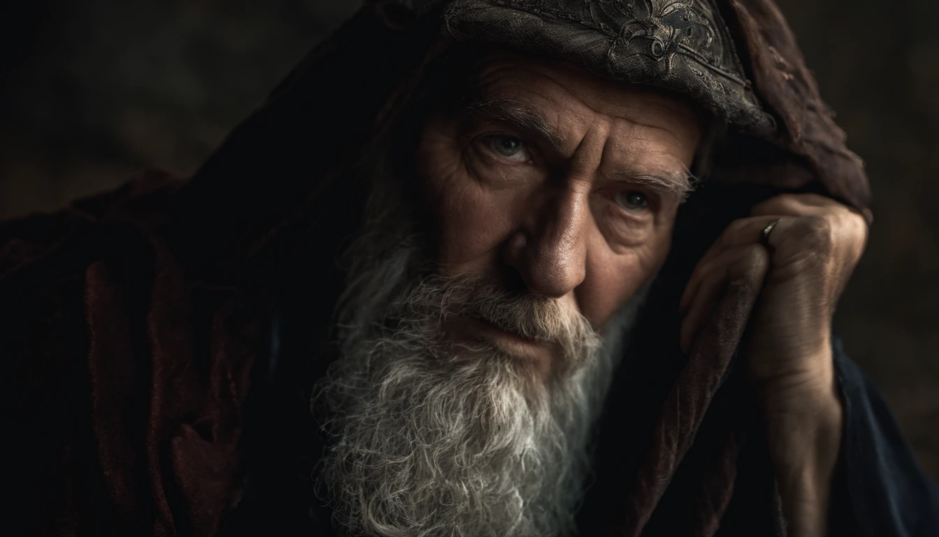A portrait of a wizard, bearded, wrinkled, weathered, with piercing eyes, detailed face, high details, photography, dark studio, rim light, Nikon D850, 50mm, f/1.4