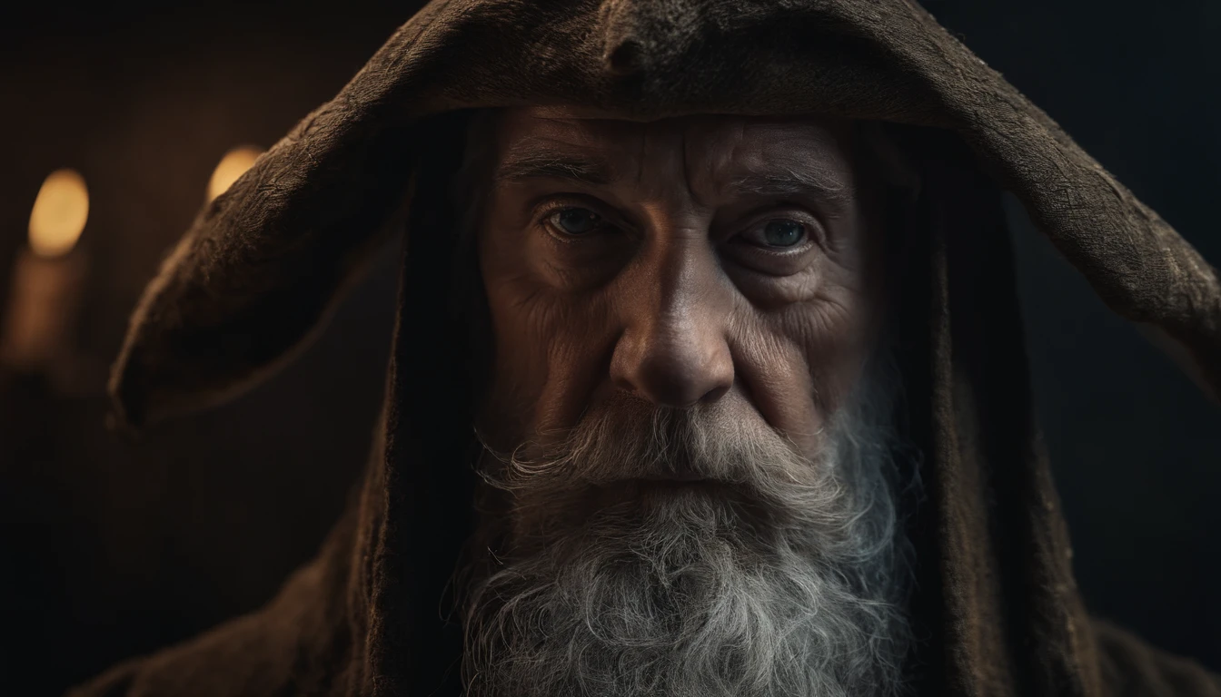 A portrait of a wizard, bearded, wrinkled, weathered, with piercing eyes, detailed face, high details, photography, dark studio, rim light, Nikon D850, 50mm, f/1.4