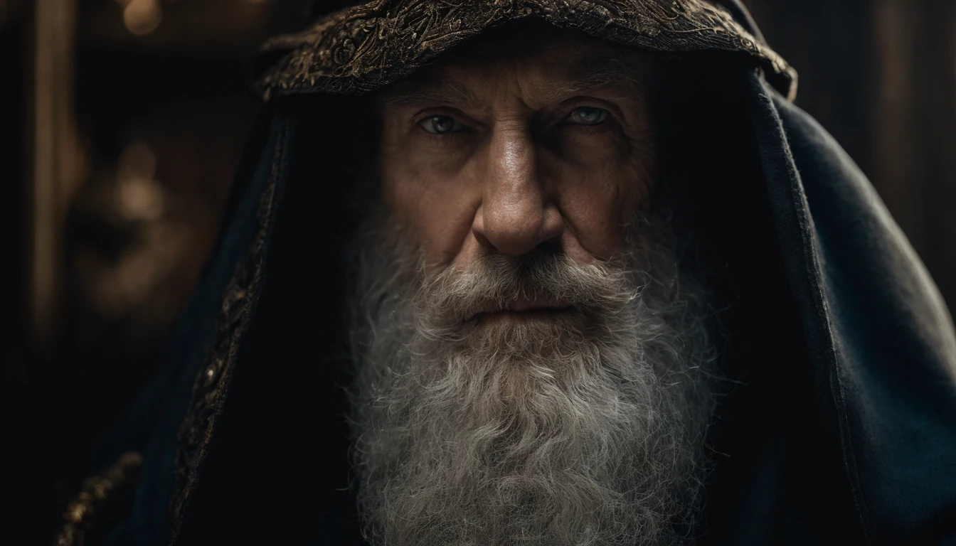 A portrait of a wizard, bearded, wrinkled, weathered, with piercing eyes, detailed face, high details, photography, dark studio, rim light, Nikon D850, 50mm, f/1.4