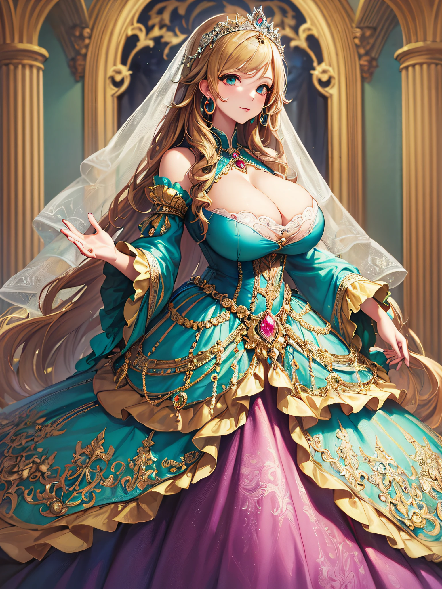 (masterpiece, best quality,extremely detailed:1.1),(moe anime art style:1.3),1 girl,((full body portrait)),standing in palace of versailles,((solo)),cute,kawaii,digital art,(((1 princess wearing gorgeous princess rococo ballgown with voluminous full length hoop skirt))),((crinoline)),long train,((beautiful embroidery and jeweled)),voluminous frills,See-through,(gorgeous embroidery and beautiful lace),(((gigantic tits,skindentation,cleavage))),(((very long hair,very long straight hair))),((finely detailed face and eyes)),clear pupil,extremely gorgeousfull hair ornament,(bling-bling jeweled extremely gorgeousfull tiara),(bling-bling gorgeous gemstone jewelry),long veil,(beautiful background),full body,((gorgeous princess rococo ballgown with voluminous full length hoop skirt))