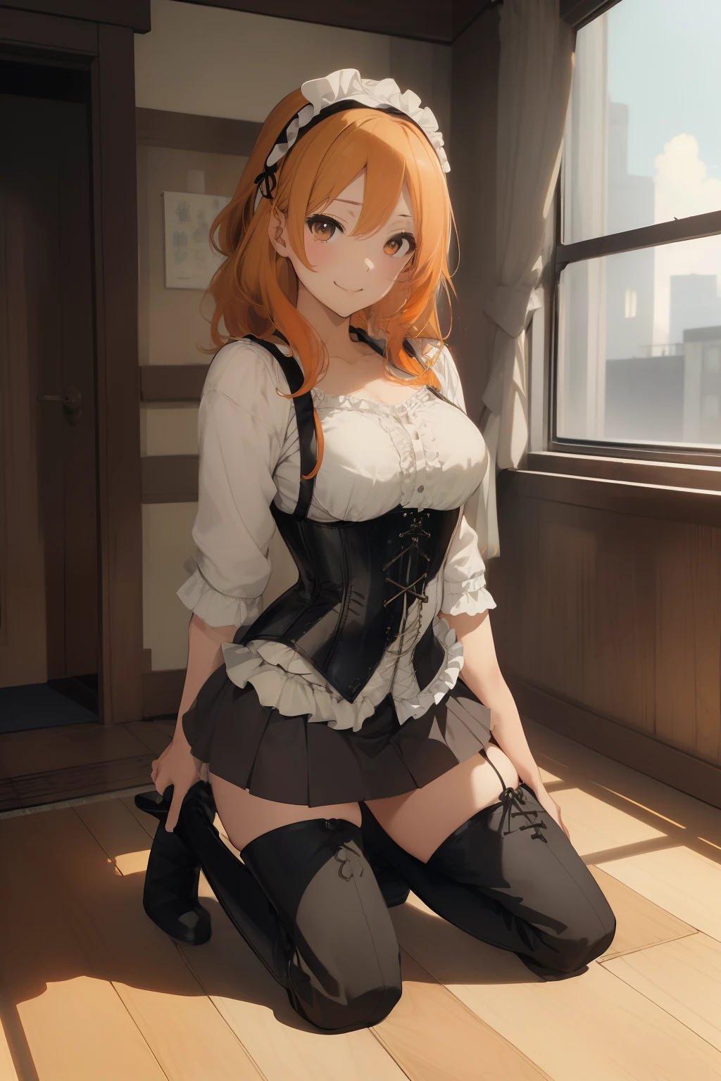 (​masterpiece、top-quality、top-quality、Beautifully Aesthetic:1.2)、1 girl in、ighly detailed、highestdetailed、grey  eyes、orange color hair|Semi-long blonde hair、((White blouses))、(thigh-high socks)、Matsumoto Rangiku、graffiti art、Look at the viewer、A smile、Bedroom、on the beds、((a miniskirt))、((Ruffled headband))、((Kneeling))、((long boots))、((corsets))、(long robe)