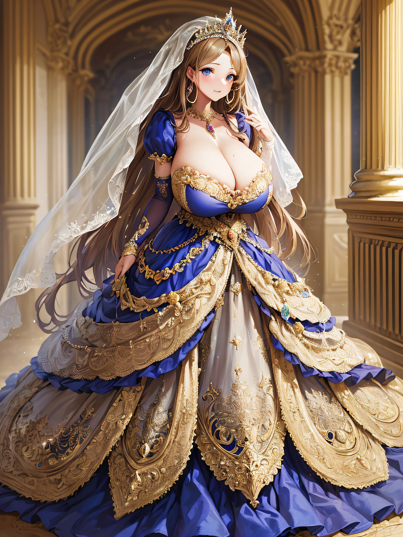 (masterpiece, best quality,extremely detailed:1.1),(moe anime art style:1.3),1 girl,((full body portrait)),standing in palace of versailles,((solo)),cute,kawaii,digital art,(((1 princess wearing gorgeous princess rococo ballgown with voluminous full length hoop skirt))),((crinoline)),long train,((beautiful embroidery and jeweled)),voluminous frills,See-through,(gorgeous embroidery and beautiful lace),(((gigantic tits,skindentation,cleavage))),(((very long hair,very long straight hair))),((finely detailed face and eyes)),clear pupil,extremely gorgeousfull hair ornament,(bling-bling jeweled extremely gorgeousfull tiara),(bling-bling gorgeous gemstone jewelry),long veil,(beautiful background),full body,((gorgeous princess rococo ballgown with voluminous full length hoop skirt))