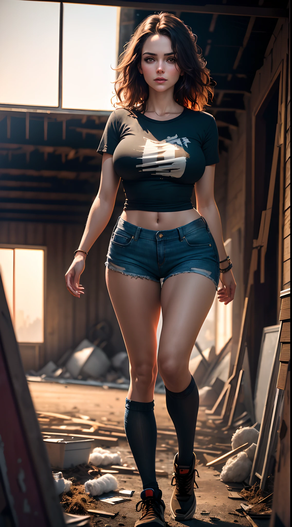 Hyper real photo of ((full-body woman inside a messy barn with a sexy worn cotton t-shirt)), ((detailed realistic face and eyes)), cinematic lighting, 8K resolution, (modelshoot style), sunset, (from_below:1.4), large breasts
