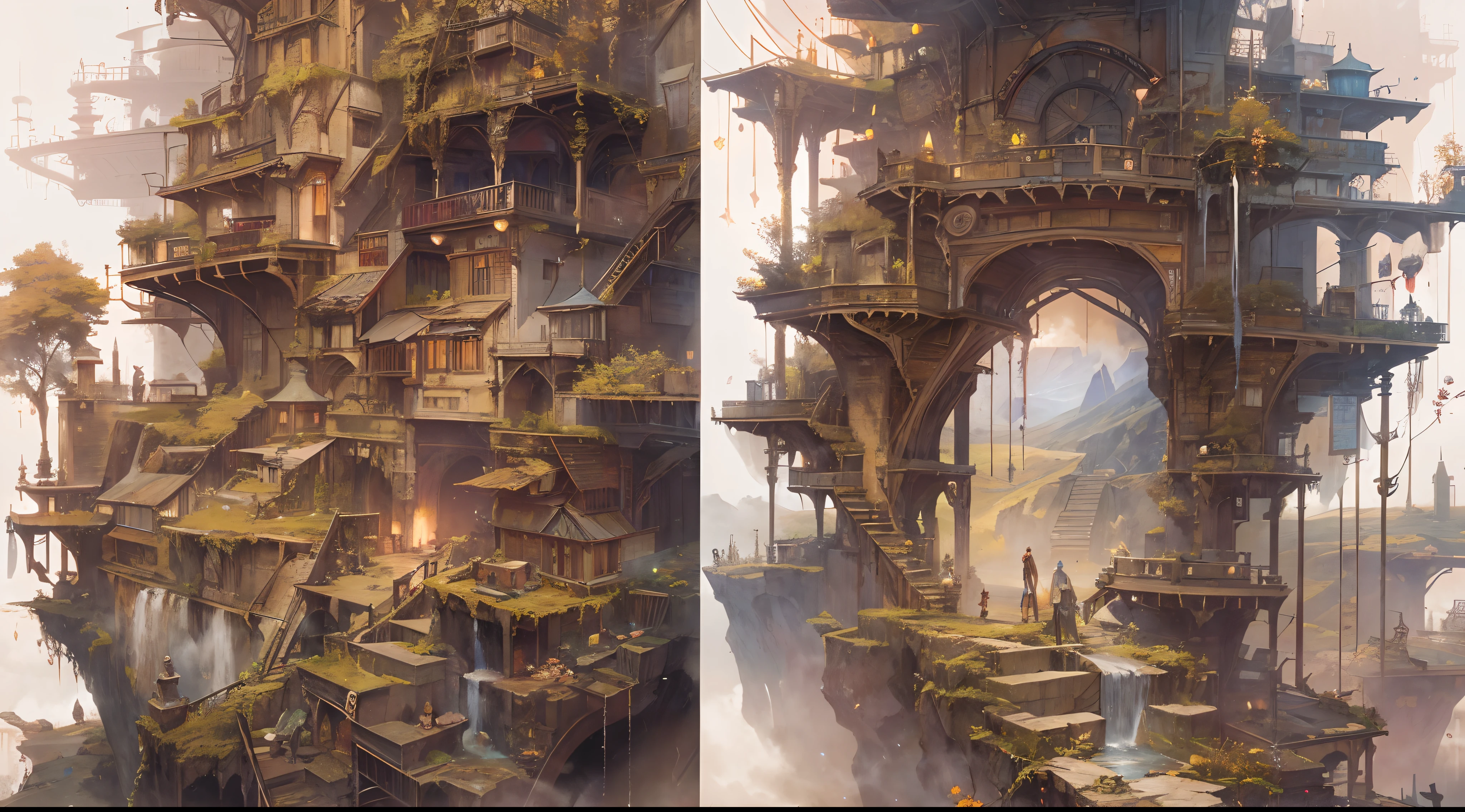 "(by Greg Rutkowski: 1.2), (masterpiece), ((best quality)), extremely delicate and beautiful, illustration, (fantasy landscape), A mesmerizing fantasy landscape with enchanting elements blending seamlessly. ((Henne Mines from final fantasy XII)), A sense of tranquility and wonder fills the air, inviting exploration and discovery. Providing a distant view that captures the grandeur and atmosphere. From Brian Froud and Carne Griffiths and Wadim Kashin and John William Waterhouse, 8K post-production, high resolution, hyperdetailed, depth of field, HDR, intricate"