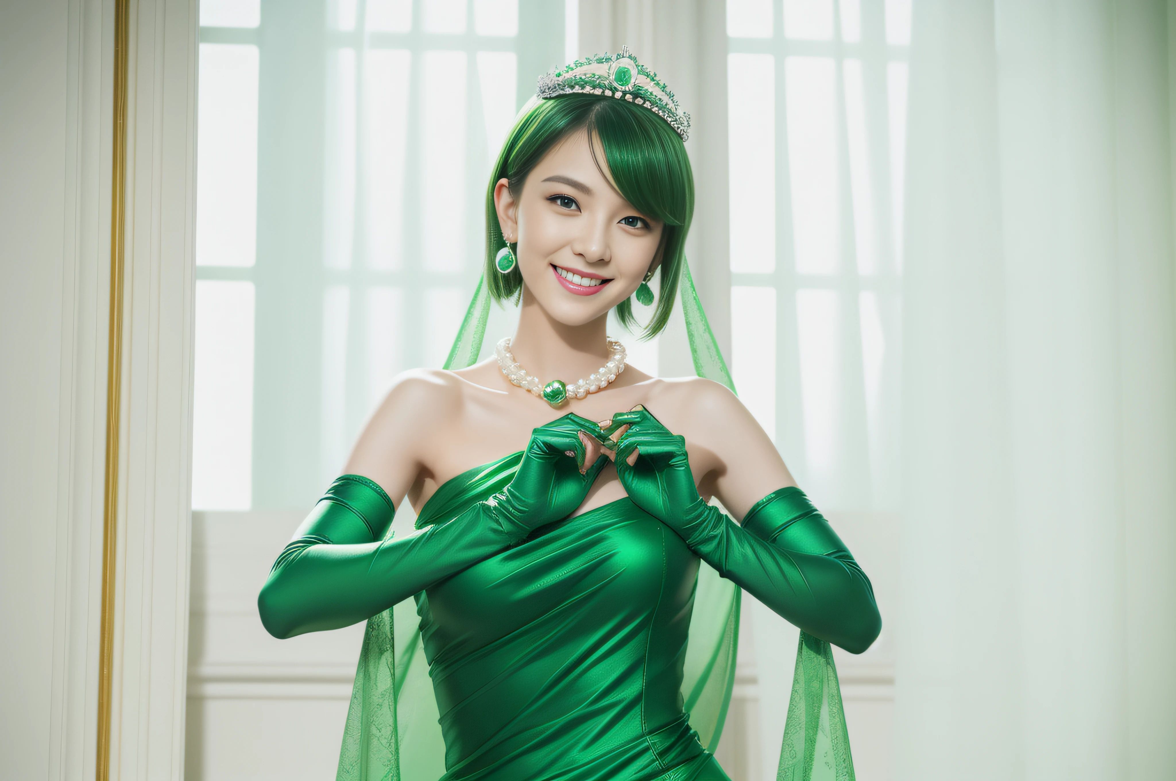 emerald tiara, Green Pearl Necklace, Boyish very short green hair, lipsticks, Japan woman smiling, very short short hair, big breasts beautiful, Green eyes, Long green gloves made of satin material, Green eyes, Emerald Earrings, Green dress