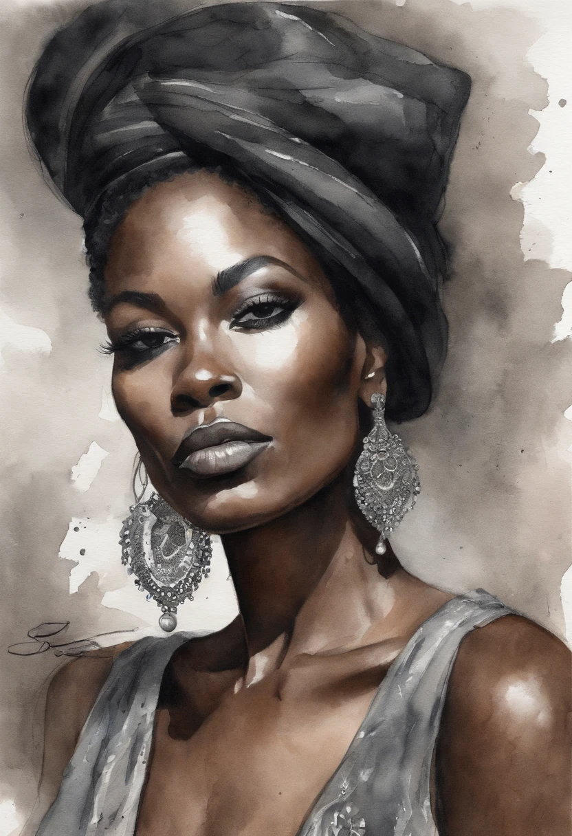 1 mujer negra cabello negro Dibujo tatuaje realismo negro gris