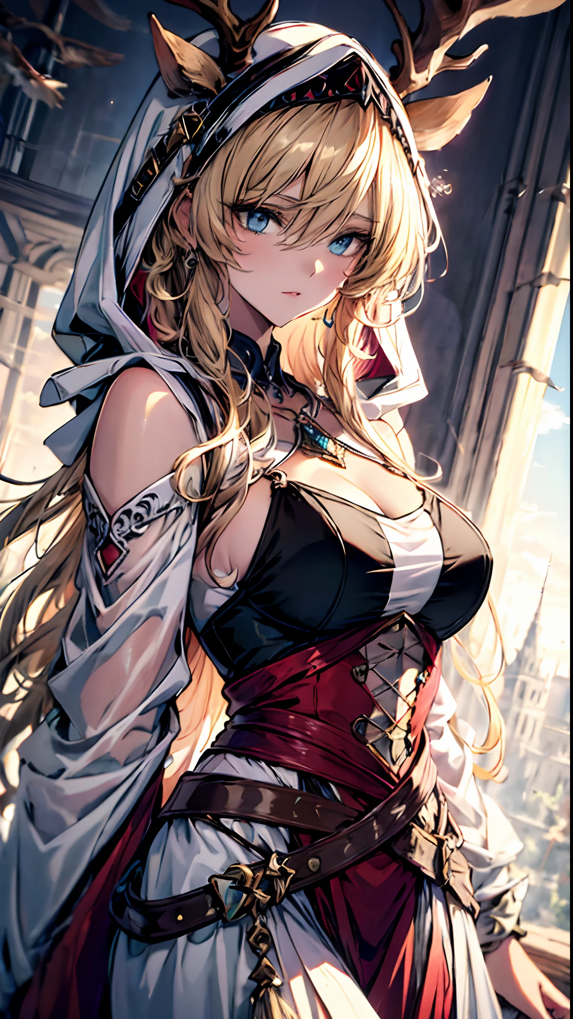 (Best quality, 4K, 8K, A high resolution, Masterpiece:1.2), Ultra-detailed, Noble maiden, Exquisite facial features，Long blonde curly hair details expressed, Graceful posture, Dreamy atmosphere, expressive brush strokes, mystical ambiance, Artistic interpretation,Delicately coiled hair，Floral jewelry with exquisite details, Crystal diamond jewelry，Small fresh aesthetics，Stunning intricate costumes, Fantasy illustration, Subtle colors and tones, The details have been upgraded