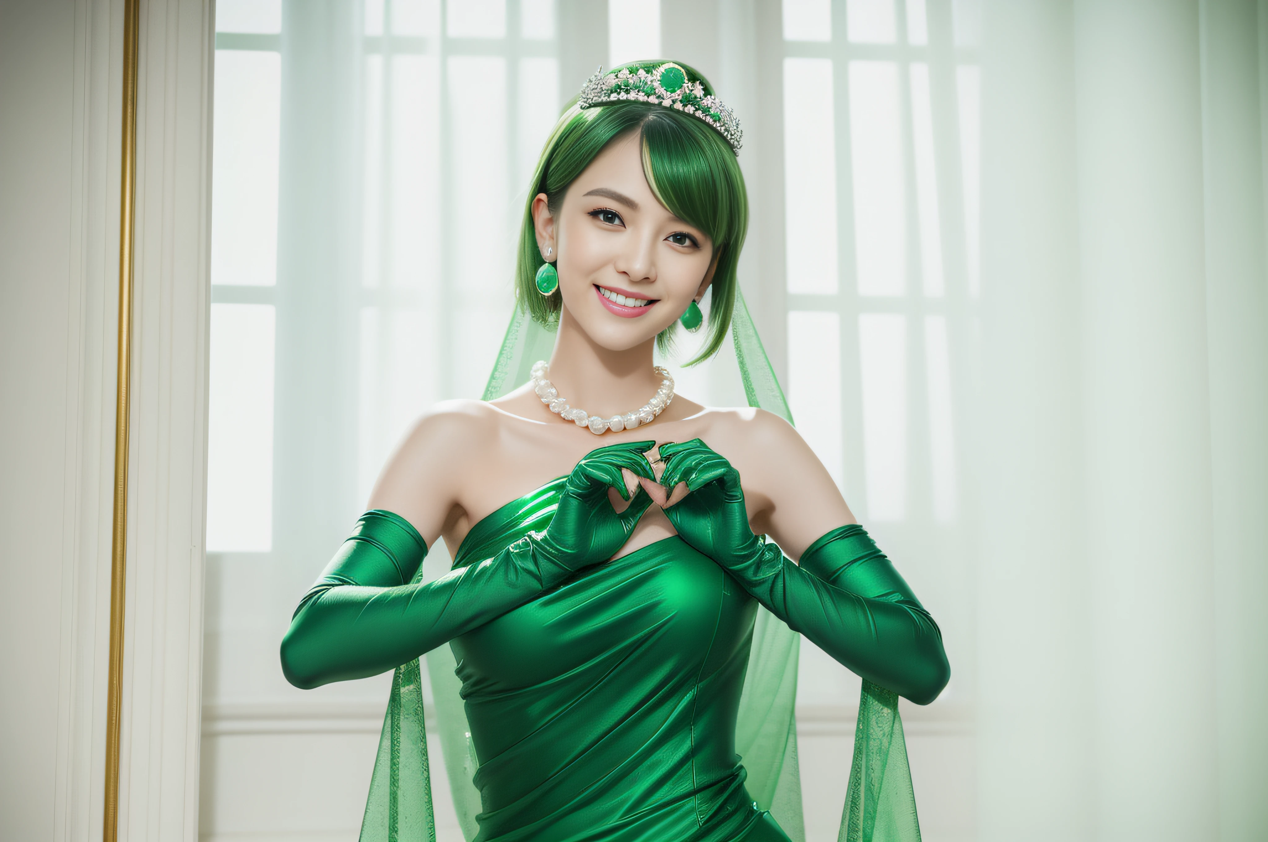 emerald tiara, Green Pearl Necklace, Boyish very short green hair, lipsticks, Japan woman smiling, very short short hair, big breasts beautiful, Green eyes, Long green gloves made of satin material, Green eyes, Emerald Earrings, Green dress