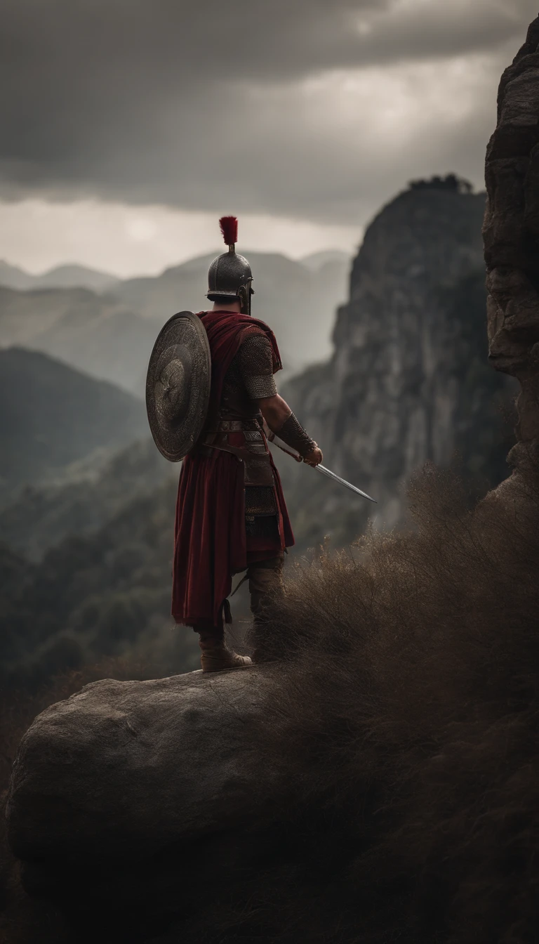 Roman soldier standing, holding a sword high on a mountain, beautiful landscape of a saw.