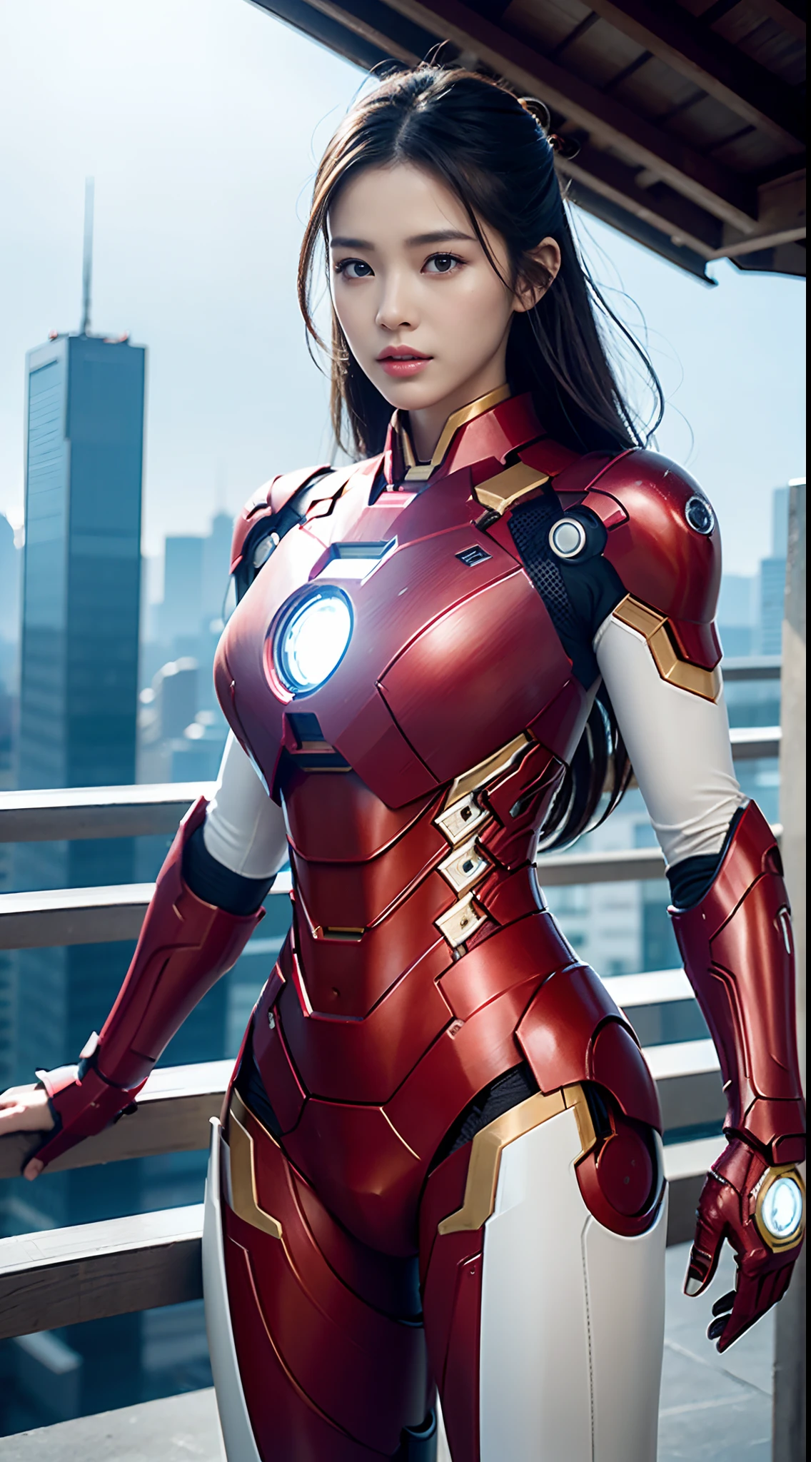 primitive, Masterpiece, super thin photo, Best quality, 超高分辨率, Photorealistic, raining day，Full body photo， Incredibly beautiful, Cowboy fighting pose, Delicate face,Vibrant eyes, (frontage), She wears an Iron Man mech, Black and red color scheme, Roof background, Highly detailed, Detailed face,  Gorgeous, Highly detailed skin, Realistic skin details, Visible pores， Sharp focus, volume fog, 8K  UHD, SLR camera, High quality, filmgrain, light-skinned, Photorealism, DL, On the roof of the future technology city，Huge