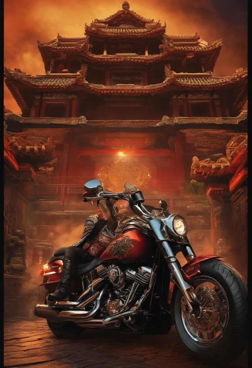 Heavy metal T-shirt design Harley locomotive knight Chinese temple Many people