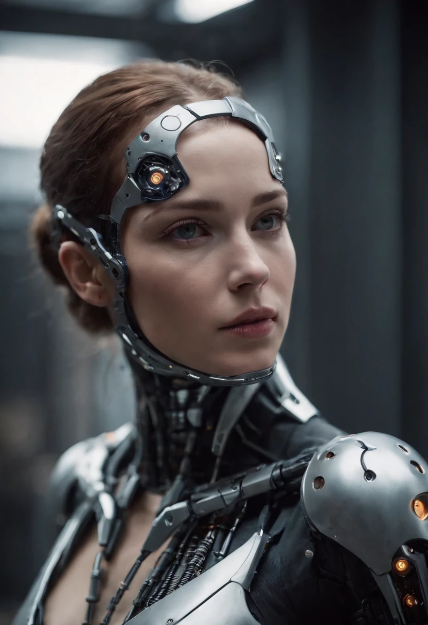 Cinematic, sci-fi photography, close-up shot of a cyborg woman with intricate mechanical implants, her eye glowing with a digital interface, in a high-tech laboratory filled with holographic displays, circa 2077, shot by Arri Alexa using Kodak Ektachrome, by Denis Villeneuve, conveying a sense of advanced technology and mystery, under low key lighting, with a metallic, blue-green color palette