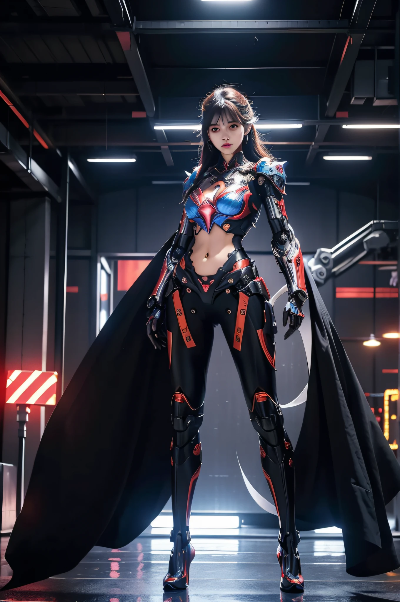 ((masterpiece, best quality)),illustration,ultra detailed 8k,(detailed face), photorealistic,sharp focus,highly detailed,professional lighting,colorful details,iridescent colors BREAK extreme long shot of a factory,large mechanical robot construction,microchip,computer,glowing,intricate details,shitu-mecha,1girl is standing in front of the audience,Navel