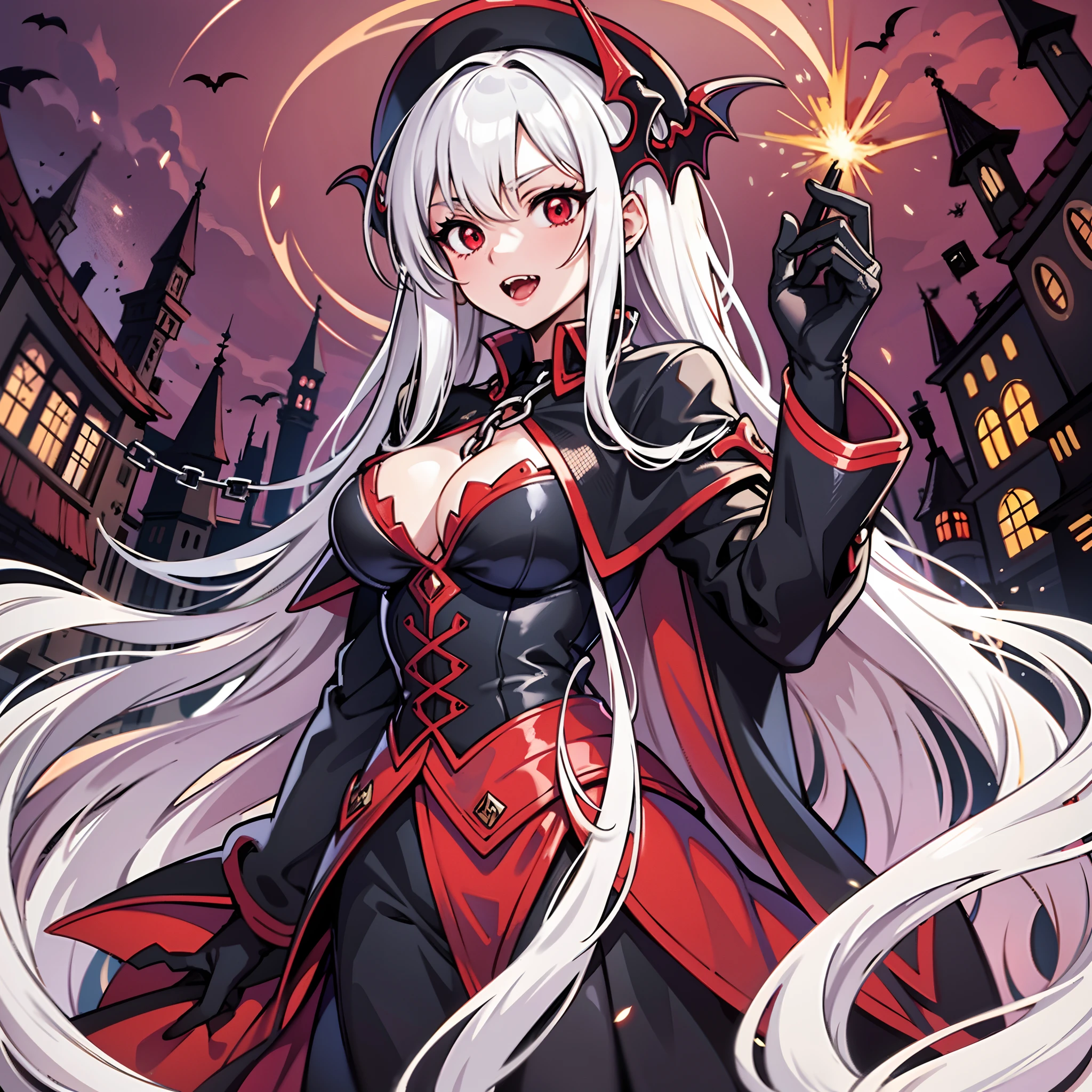 upper body, 1woman, White hair, Long Haired, Red eyes, (Vampire), Chain Collar, Black Long Cape, Dracula tunic, big breats, wallpaper, Castle background, light particles, hands behind, (masterpiece), best quality,