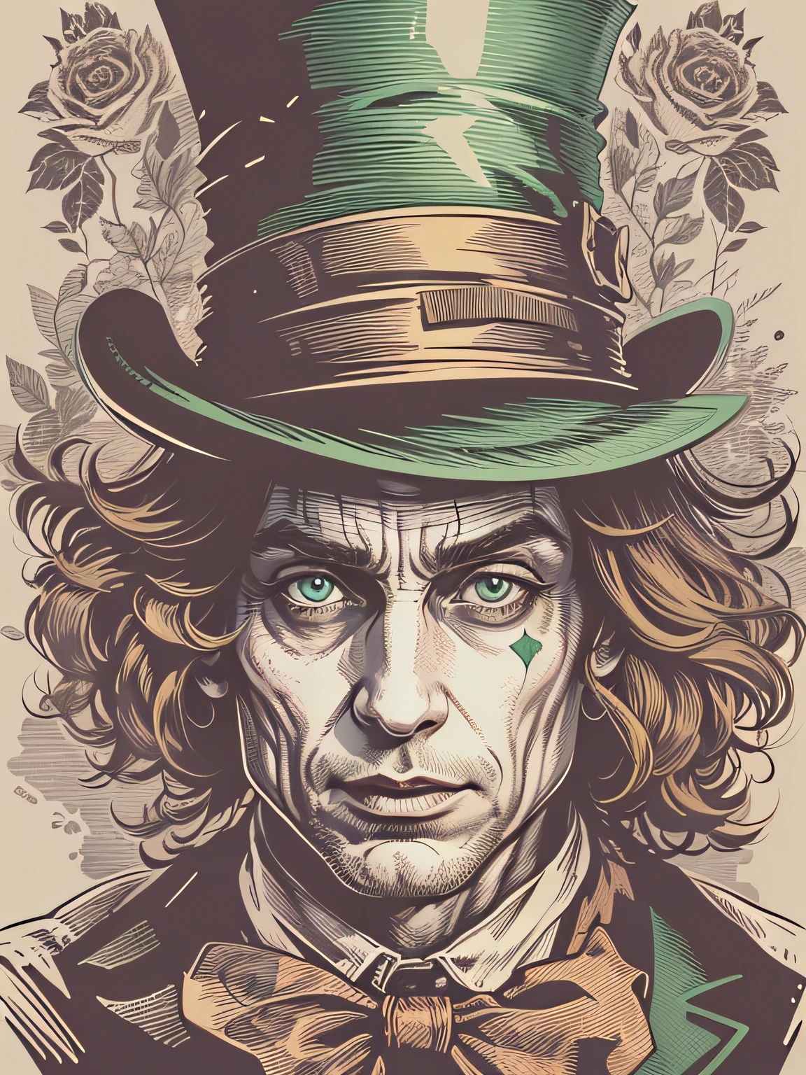 High quality design vector style image, t-shirt print style, mad hatter graphic art white background realistic colors, Alice in Wonderland scene, mad hatter image drawing style