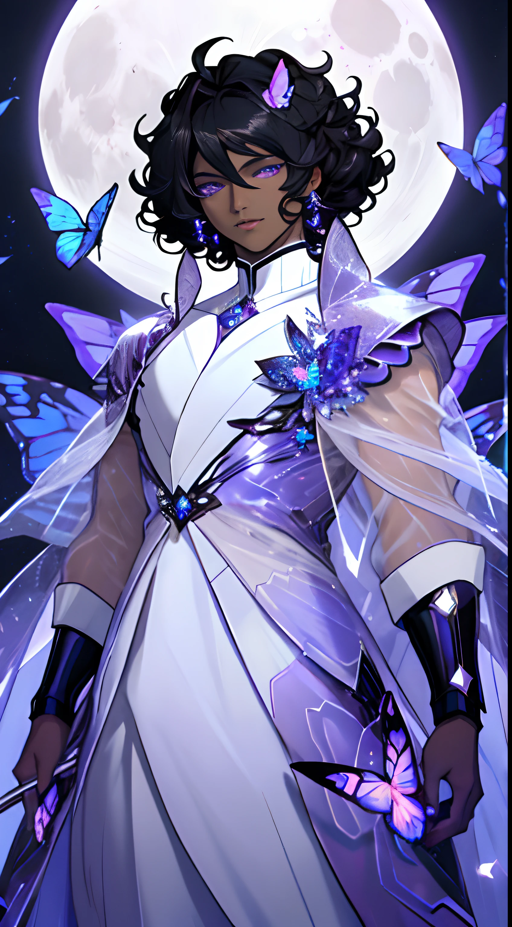 Dark skin man, curly black hair, surrounded by butterflies, crystal futuristic outfit, soft pretty face, ethereal, anime style, moon background, fierce look, purple eyes