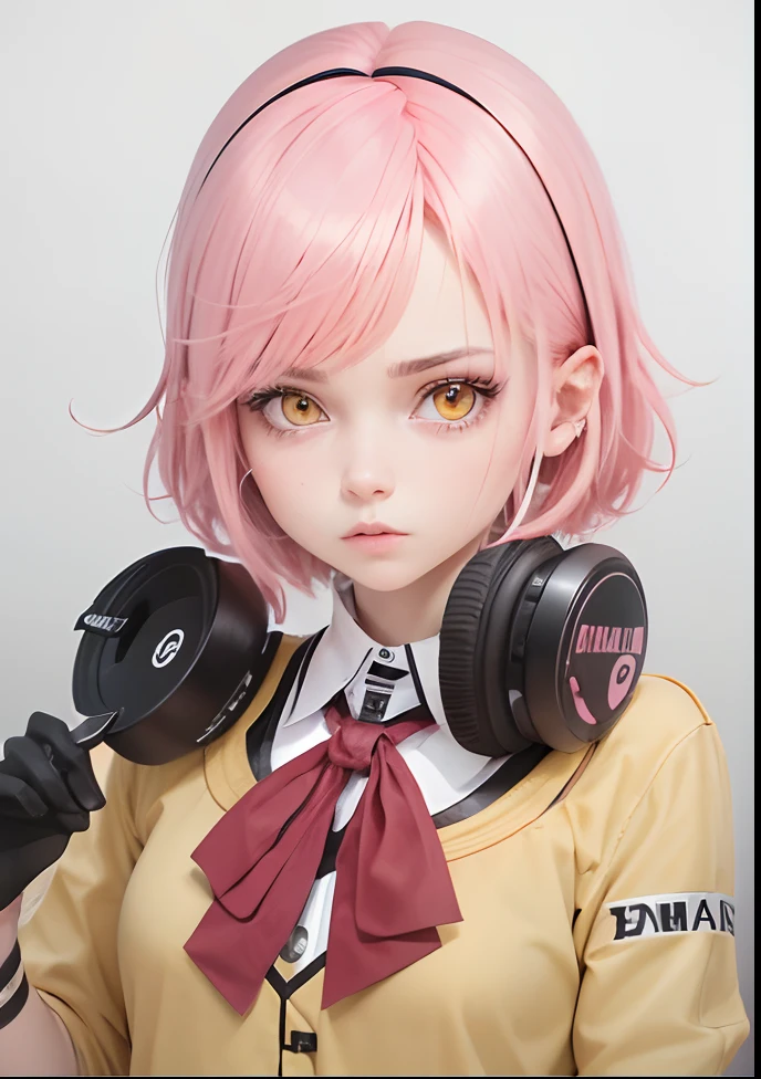 garota, short pink hair, yellow eyes, pequena, serious, DJ, HD, 4k, alta qualidade