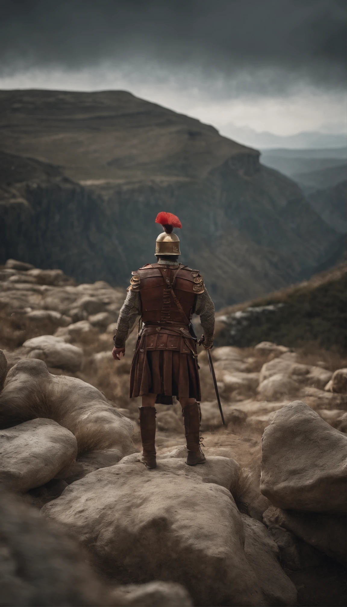 Roman soldier standing, holding a sword high on a mountain, beautiful landscape of a saw.