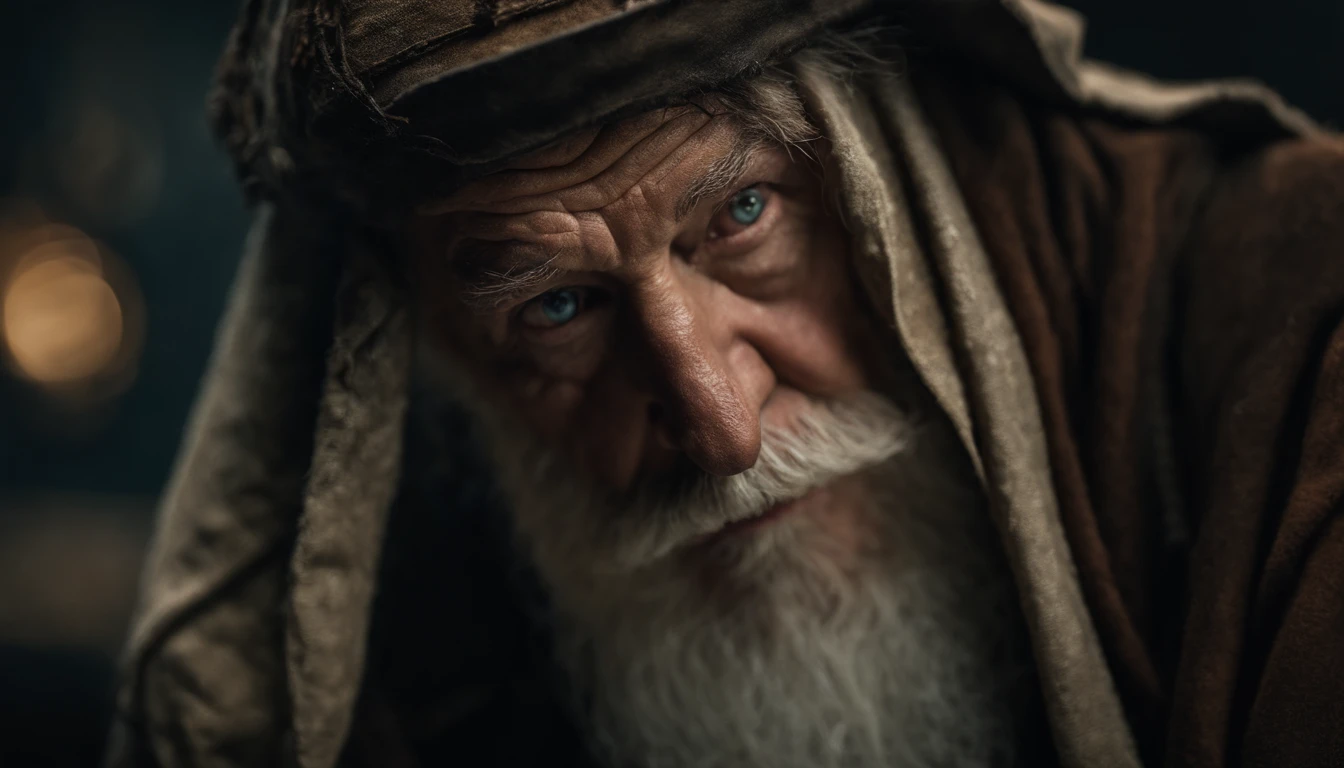 A portrait of a wizard, bearded, wrinkled, weathered, with piercing eyes, detailed face, high details, photography, dark studio, rim light, Nikon D850, 50mm, f/1.4