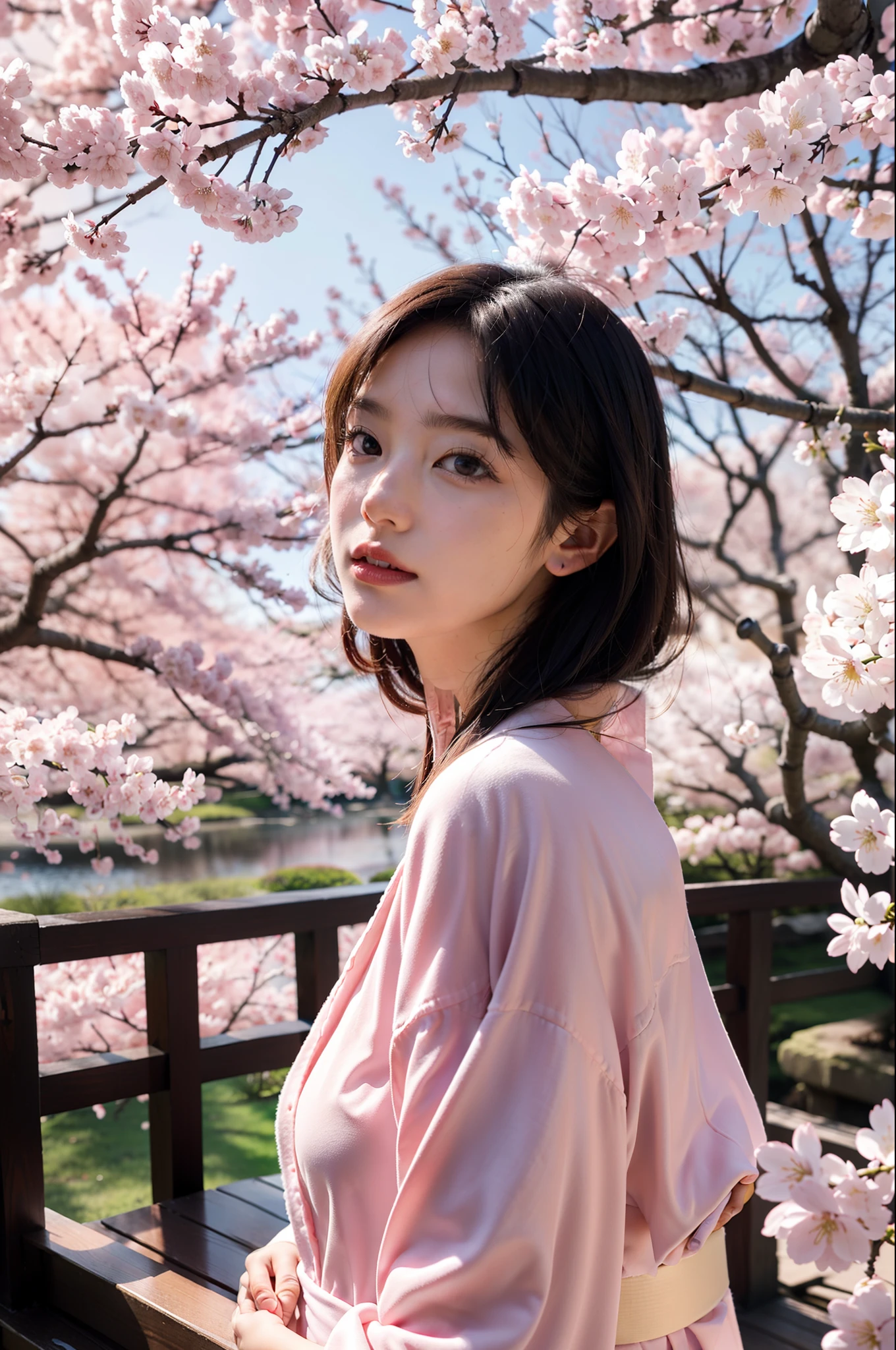 1girl in,In the midst of the cherry blossoms,Soft light、The face remains a model、Wearing a colorful and luxurious kimono of Japan、Solo Shot、model shot