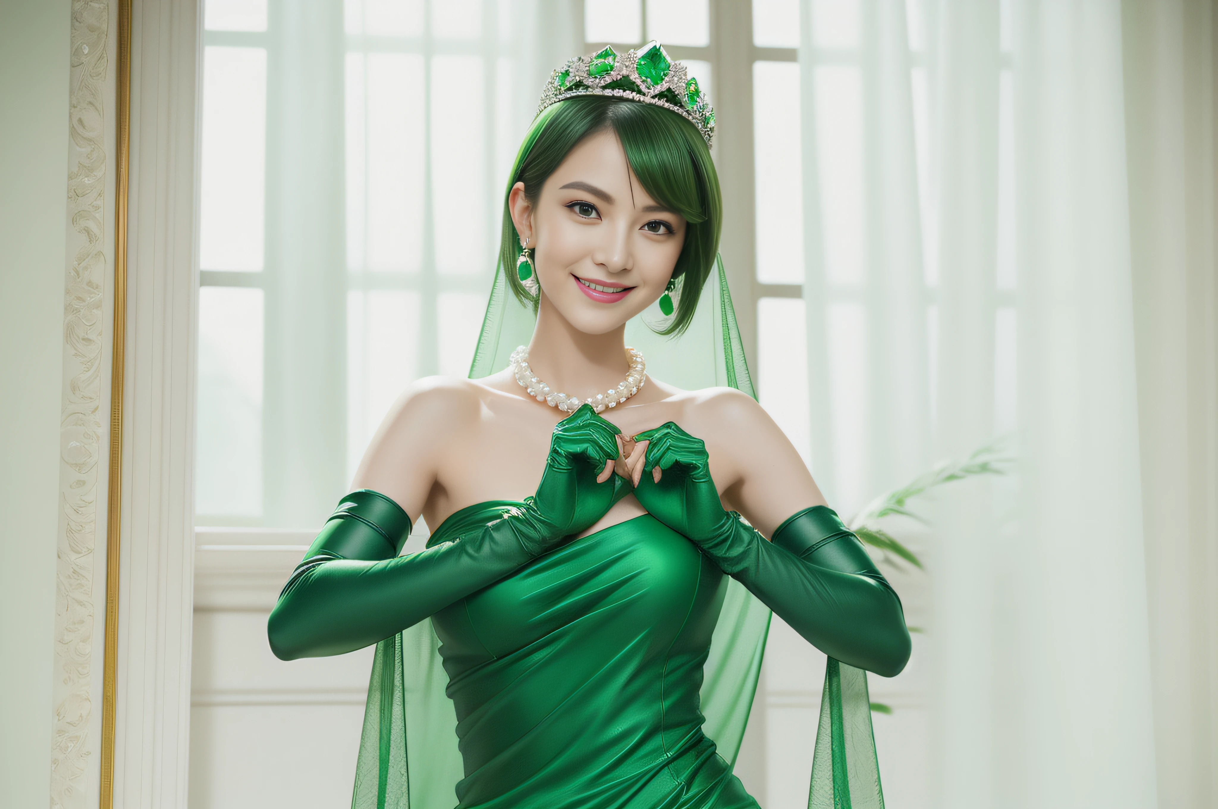 emerald tiara, Green Pearl Necklace, Boyish very short green hair, lipsticks, Japan woman smiling, very short short hair, big breasts beautiful, Green eyes, Long green gloves made of satin material, Green eyes, Emerald Earrings, Green dress