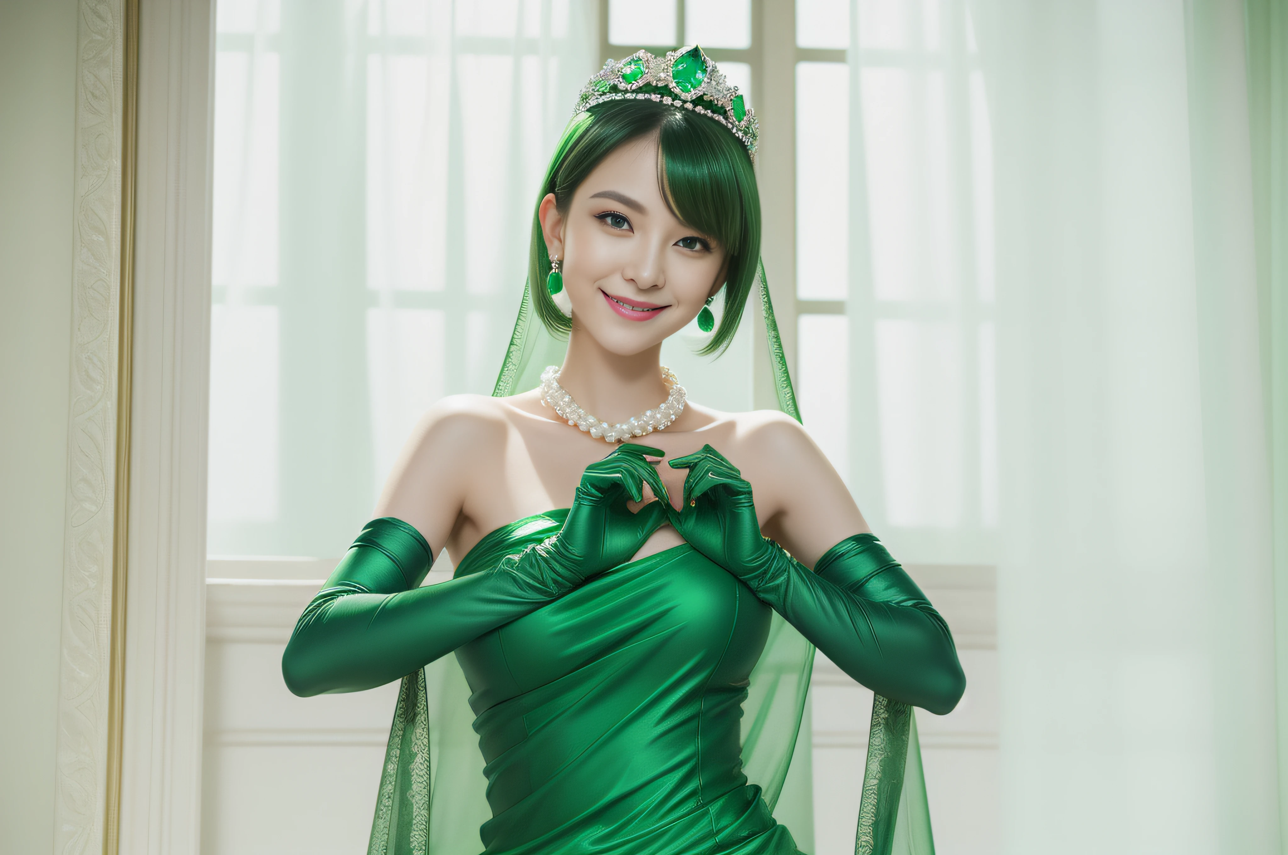 emerald tiara, Green Pearl Necklace, Boyish very short green hair, lipsticks, Japan woman smiling, very short short hair, big breasts beautiful, Green eyes, Long green gloves made of satin material, Green eyes, Emerald Earrings, Green dress