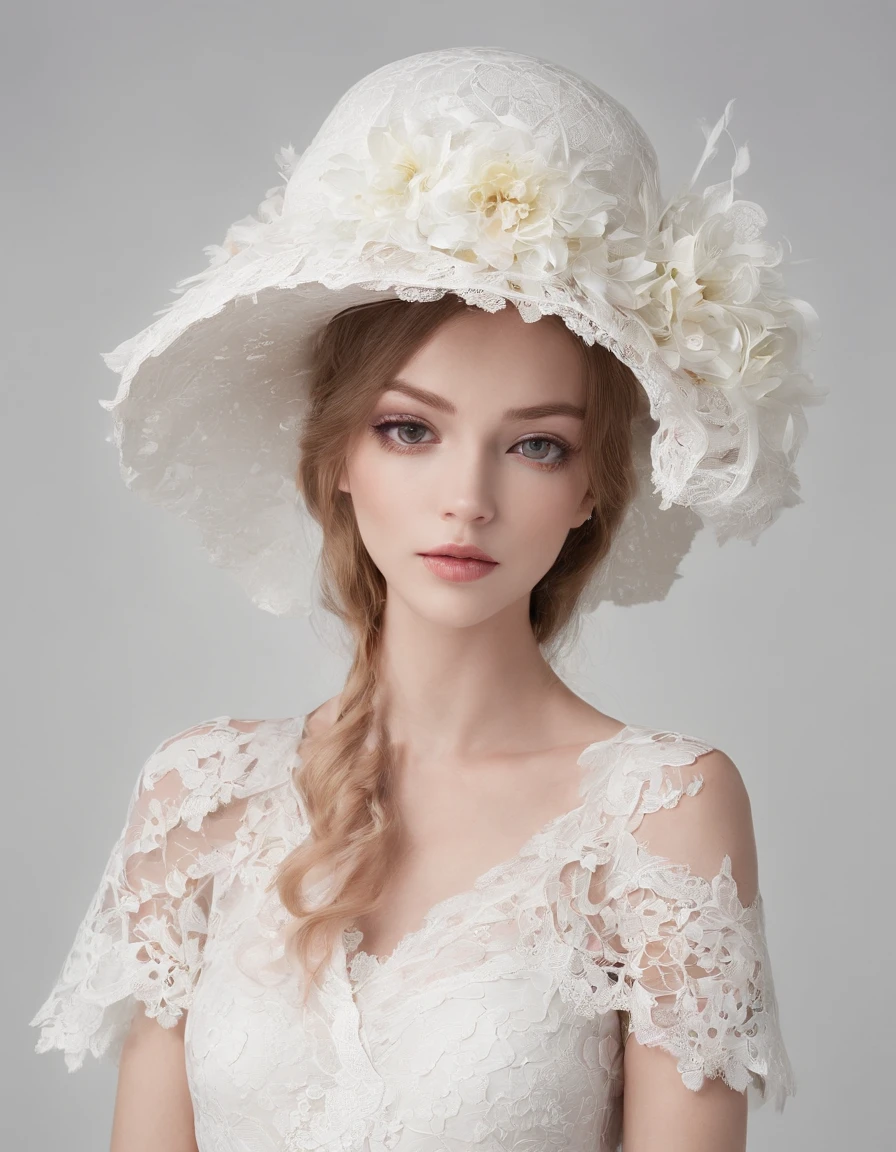 Beautiful and elegant girl wearing a talking hat decorated with white lace flowers. Her entire face was covered with lace. She wore a loose light white lace cocktail dress，Hang over your shoulders. Her skin is very radiant. The room is dimly lit.、She is gently illuminated. very shallow depth of field、The background is blurred. delicate hand