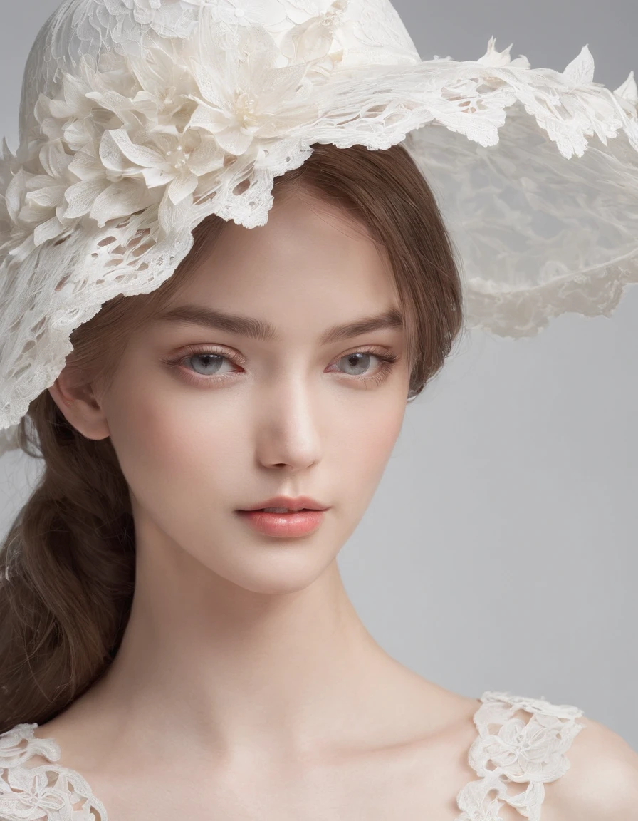 Pretty and very elegant girl wearing a talk cap decorated with white lace flowers. Her entire face is covered with lace. She wears a loose-fitting white lace cocktail dress that hangs over her shoulders. Her skin is very shiny. Her arms are folded、The fingertips of one hand touch her chin. The background is beautiful black. The room is dimly lit.、She is gently illuminated.
Very shallow depth of field、the background is blurred.  ((delicate hand)), (good hand))