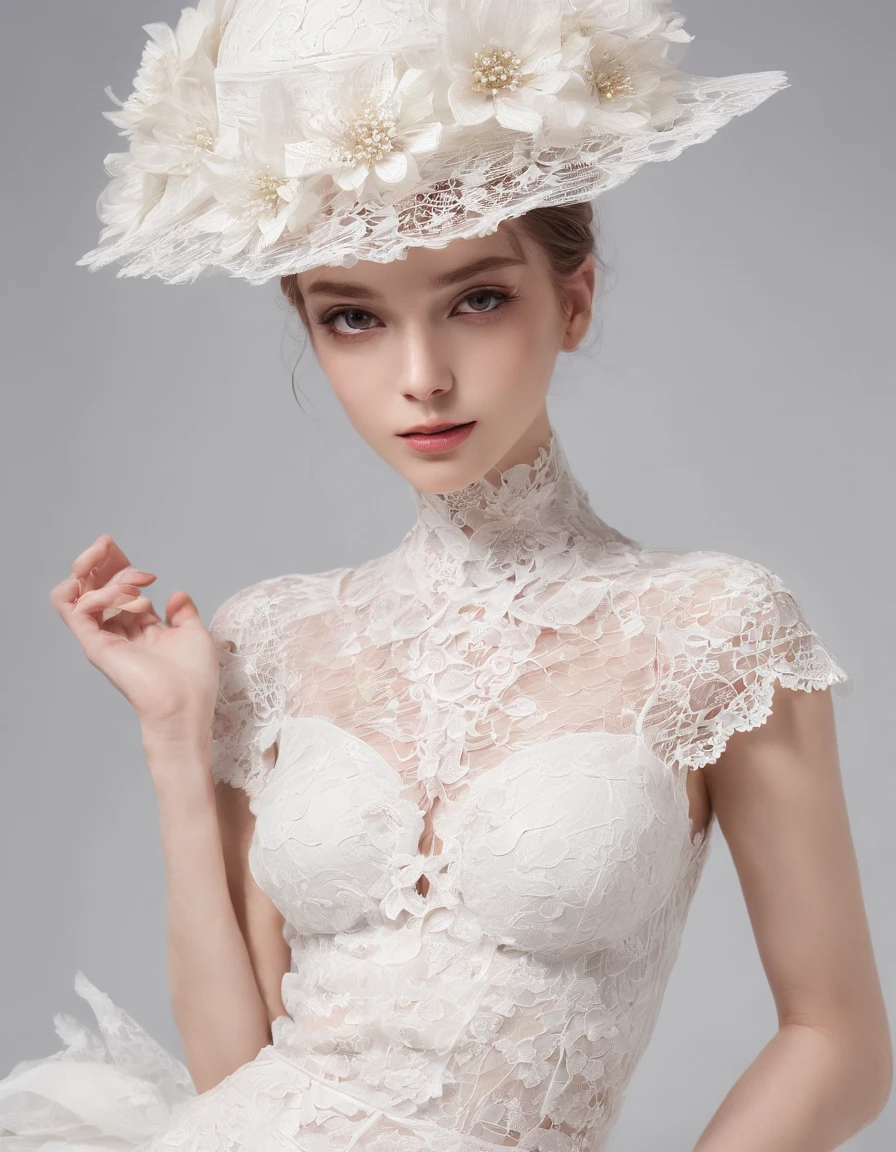Beautiful and elegant girl wearing a talking hat decorated with white lace flowers. Her entire face was covered with lace. She wore a loose light white lace cocktail dress,Hang over your shoulders. Her skin is very radiant. The room is dimly lit.、She is gently illuminated. very shallow depth of field、The background is blurred. delicate hand