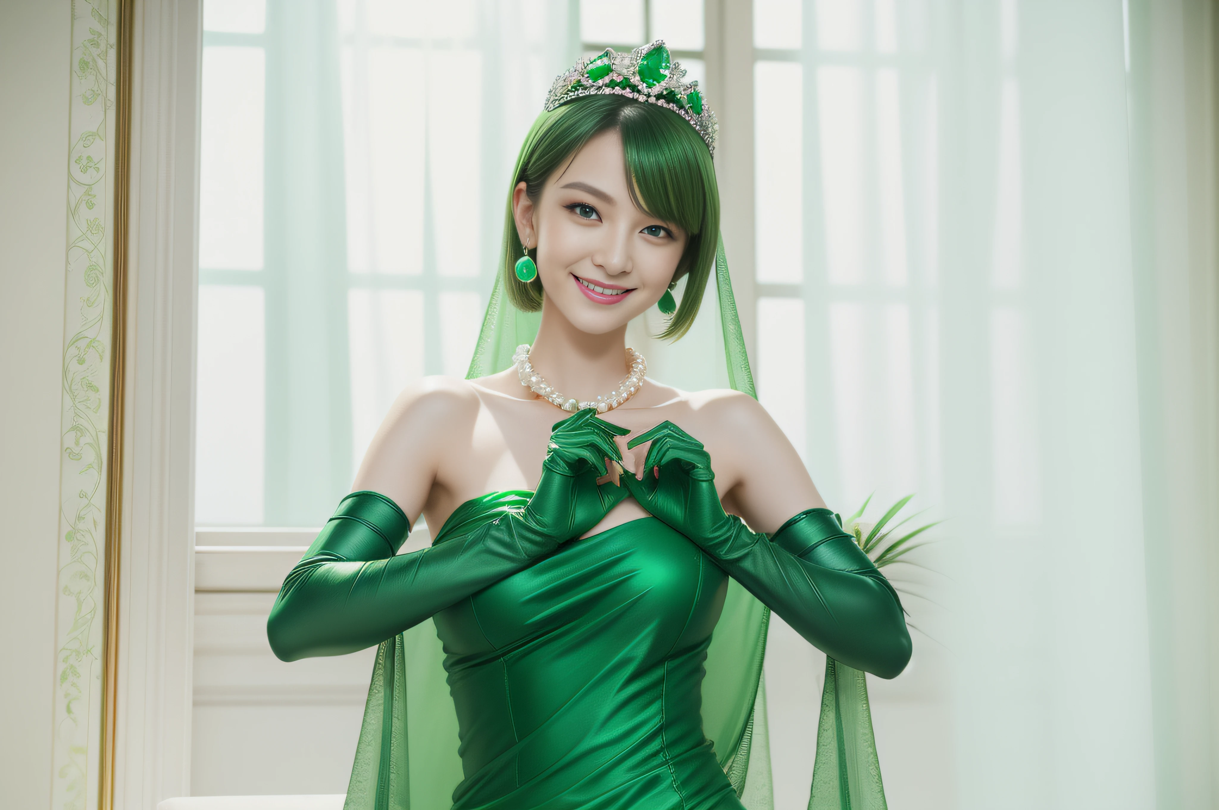 emerald tiara, Green Pearl Necklace, Boyish very short green hair, lipsticks, Japan woman smiling, very short short hair, big breasts beautiful, Green eyes, Long green gloves made of satin material, Green eyes, Emerald Earrings, Green dress