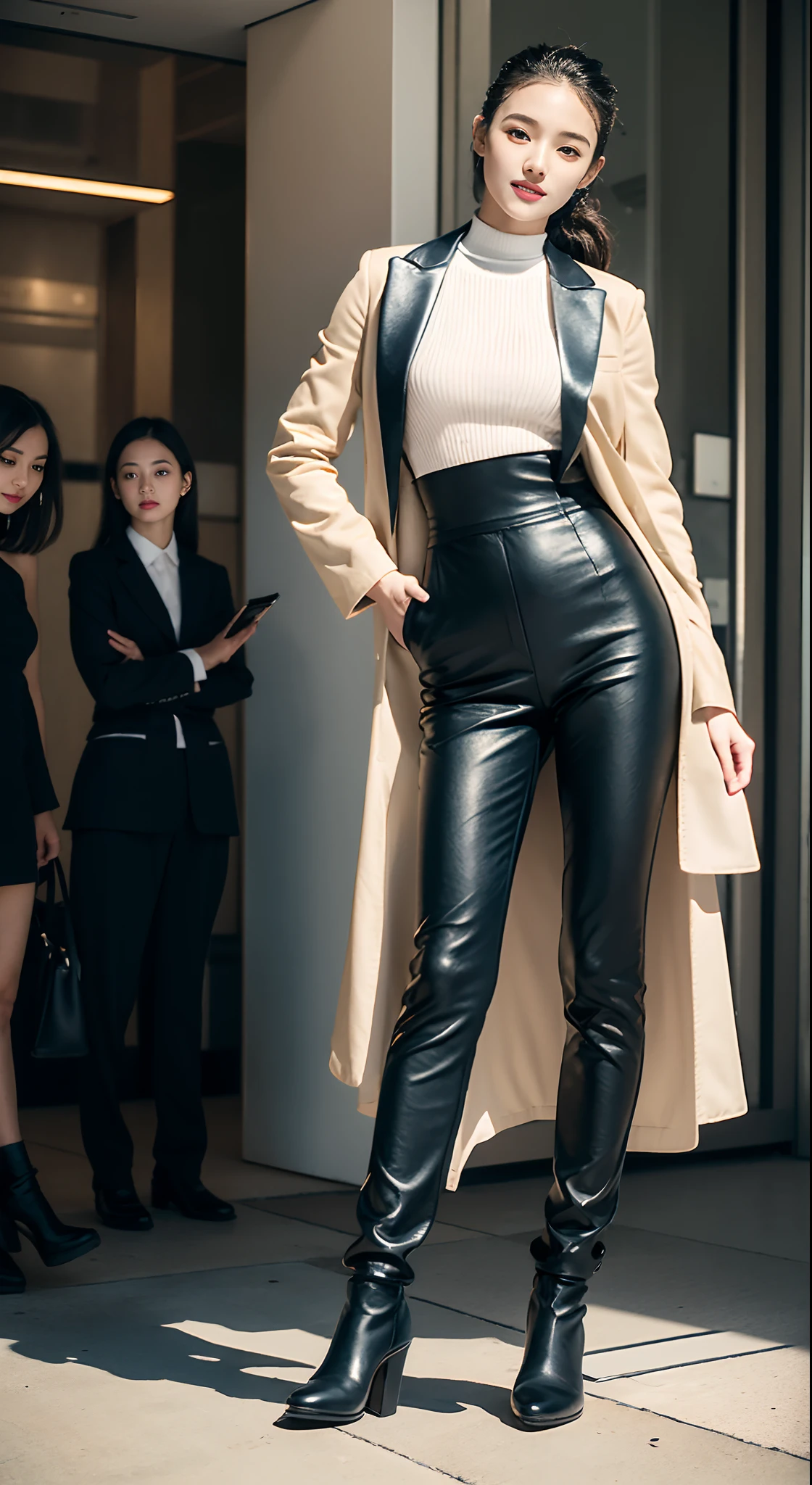 （8K分辨率，Full-body photos），（1womanl，age 22，（（rosto magro，Flushed face，delicated face，详细的脸），Slightly squinted eyes，Seductive smile，（Single ponytail，Long hair micro-curls）），Fair smooth skin，（Best Skin Type：1.21），busty figure，（（Bespoke slim suit，White shirt，No underwear，denim pant，Leather boots（High-grade materials，knitting，real silk，leathers），Thin band，Metal necklace，jewely），Tall and tall，（dancing posture，Naturally placed hands），delicate artwork，perfect hand，Ultra-fine clothing material），（Urban street background，Shuttling through the crowd，Exquisite setup details），（Professional lighting，Artistic lighting），（（Dress neutrally，Material contrast，Fit contrast，Color contrast，Uniform tones，））），（Golden section，Cinema lenses，Hasselblad photograp，tmasterpiece：1.3），（advanced art，High-end streetwear，Official propaganda，Art platform）