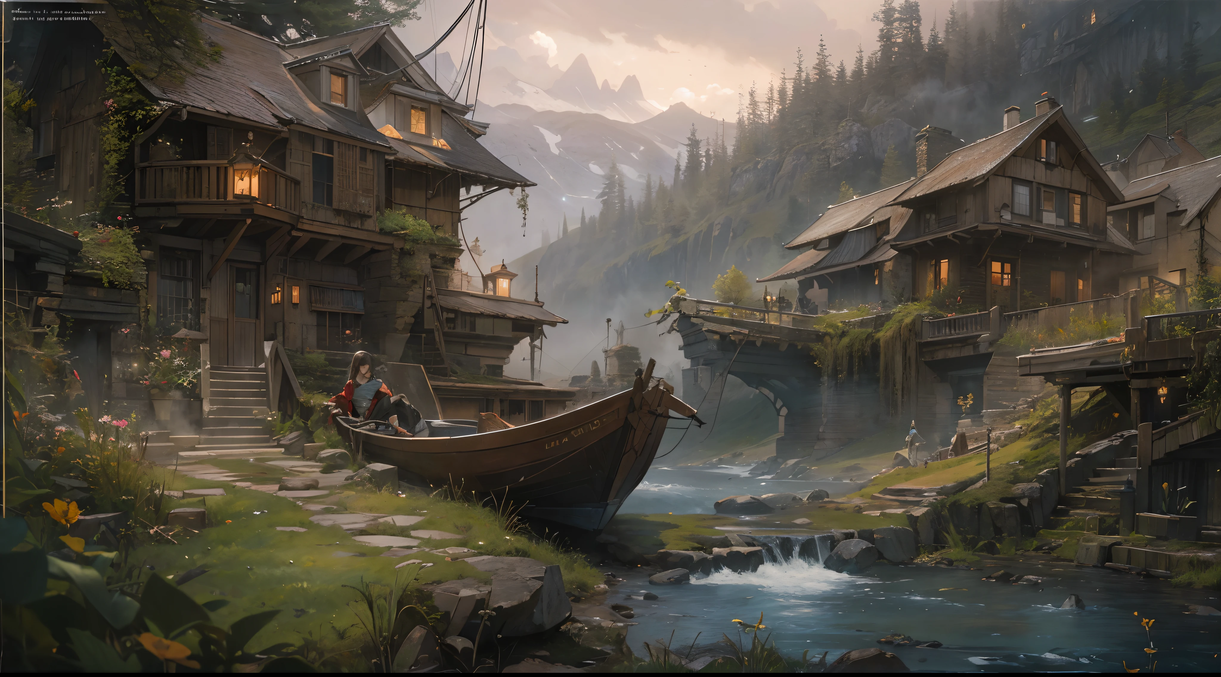 "(by Greg Rutkowski: 1.2), (masterpiece), ((best quality)), extremely delicate and beautiful, illustration, (fantasy landscape), A mesmerizing fantasy landscape with enchanting elements blending seamlessly. ((Eruyt Village)), A sense of tranquility and wonder fills the air, inviting exploration and discovery. Providing a distant view that captures the grandeur and atmosphere. From Brian Froud and Carne Griffiths and Wadim Kashin and John William Waterhouse, 8K post-production, high resolution, hyperdetailed, depth of field, HDR, intricate"