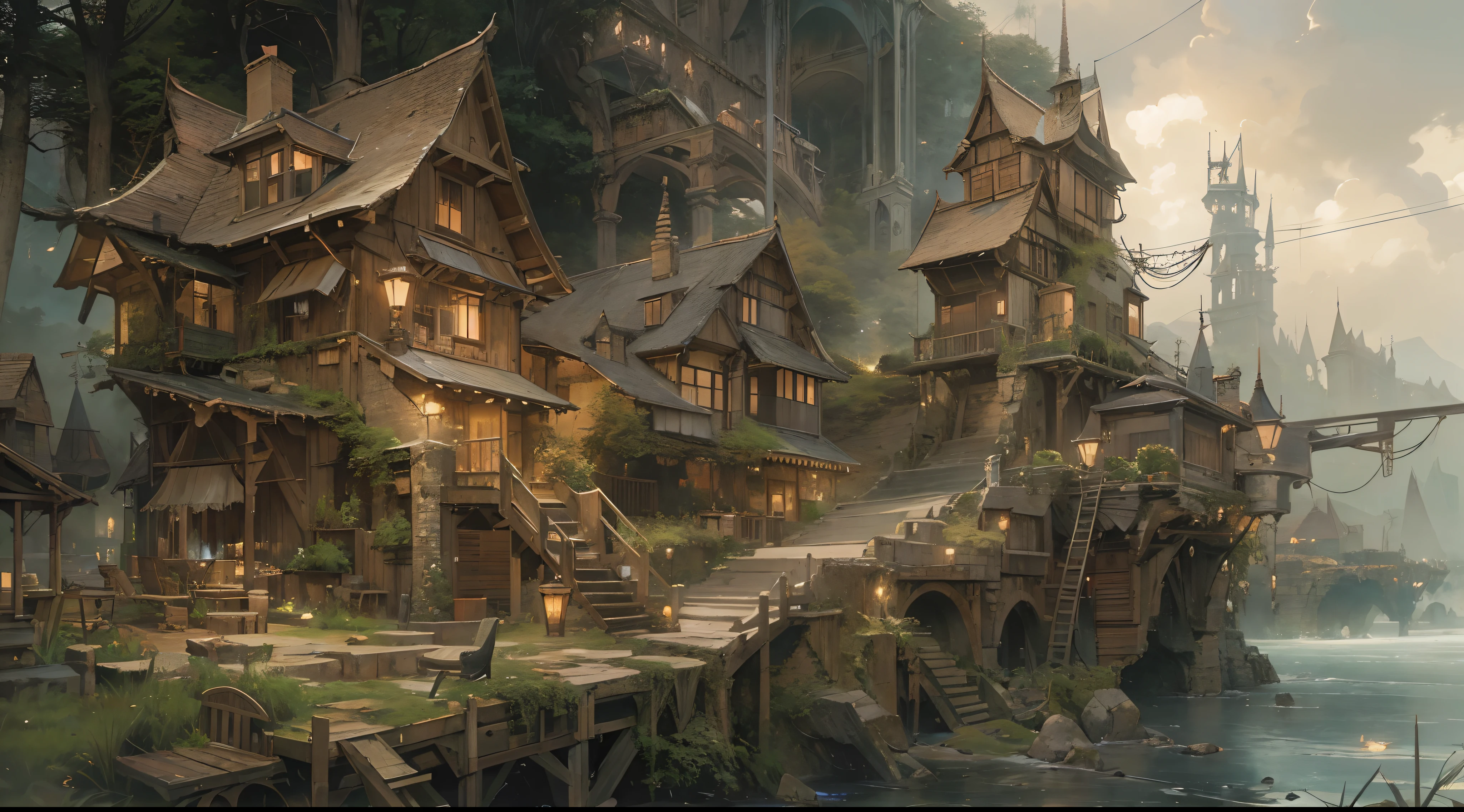 "(by Greg Rutkowski: 1.2), (masterpiece), ((best quality)), extremely delicate and beautiful, illustration, (fantasy landscape), A mesmerizing fantasy landscape with enchanting elements blending seamlessly. ((Eruyt Village)), A sense of tranquility and wonder fills the air, inviting exploration and discovery. Providing a distant view that captures the grandeur and atmosphere. From Brian Froud and Carne Griffiths and Wadim Kashin and John William Waterhouse, 8K post-production, high resolution, hyperdetailed, depth of field, HDR, intricate"
