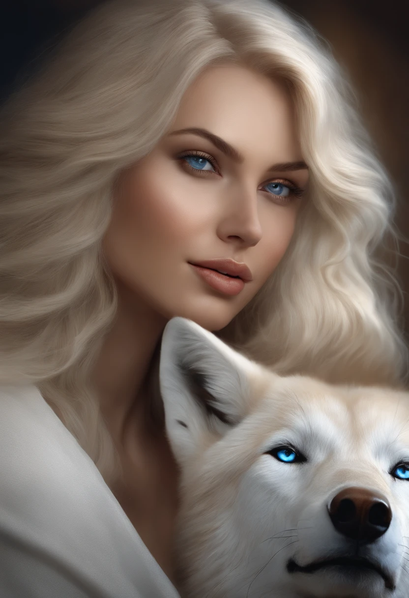 a white wolf and blond woman with blue eyes , a digital painting inspired by Marek Okon, zbrush central contest winner, digital art, realistic digital painting, very realistic digital art, photorealistic digital painting, digital art. photo realistic, highly realistic digital art, photorealistic beautiful face, realistic digital art, photorealistic digital art, photorealistic artstyle