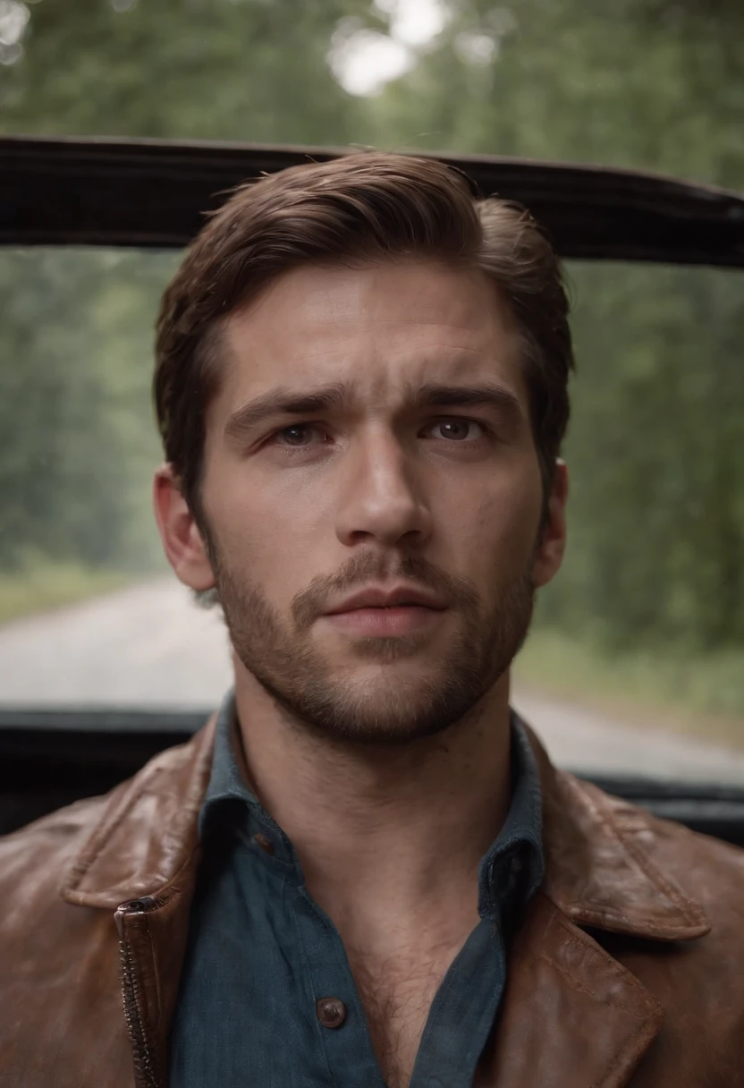 Joel Miller, in the back seat of the car manspreading, unzipped brown jacket exposing his big pecs and abs and hairy chest, looking at viewer, Joel miller from the last of us