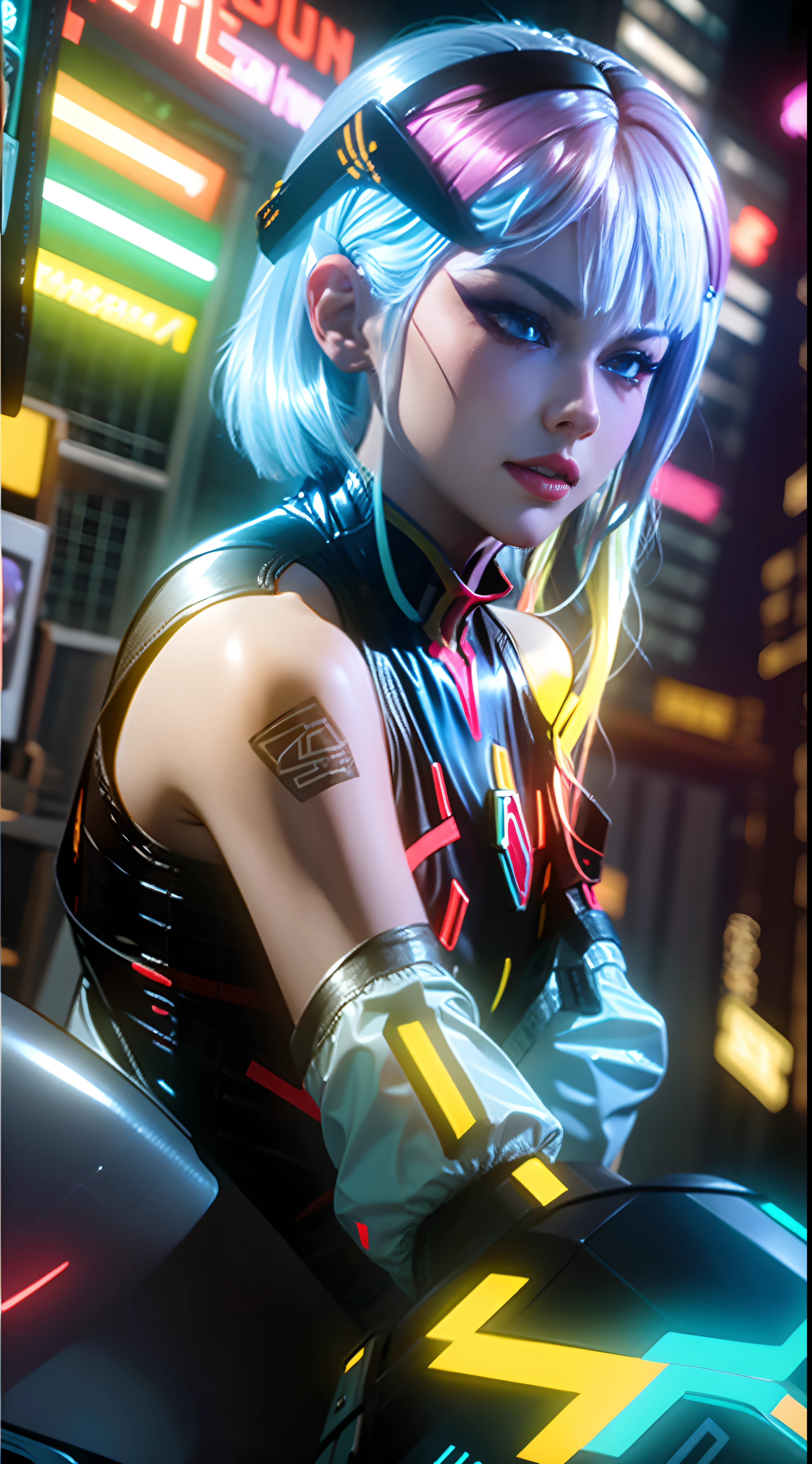 1 girl on a motorcycle,Cyberpunk 2077,Extreme light and shadow,Aurora chase,extremelycomplicateddetails,Extremely strong reflected light,Extreme ambient light,the city that never sleeps,Analog cameras,rendering by octane,8K,CGSociety trends,Extremely complex and delicate eye structure,facing at the camera,neon light detail,globalillumination,Front close-up,Super delicate facial features,Ultra-delicate skin,Cold,Cyberpunk 2077 Ultra Sci-Fi Motorcycle